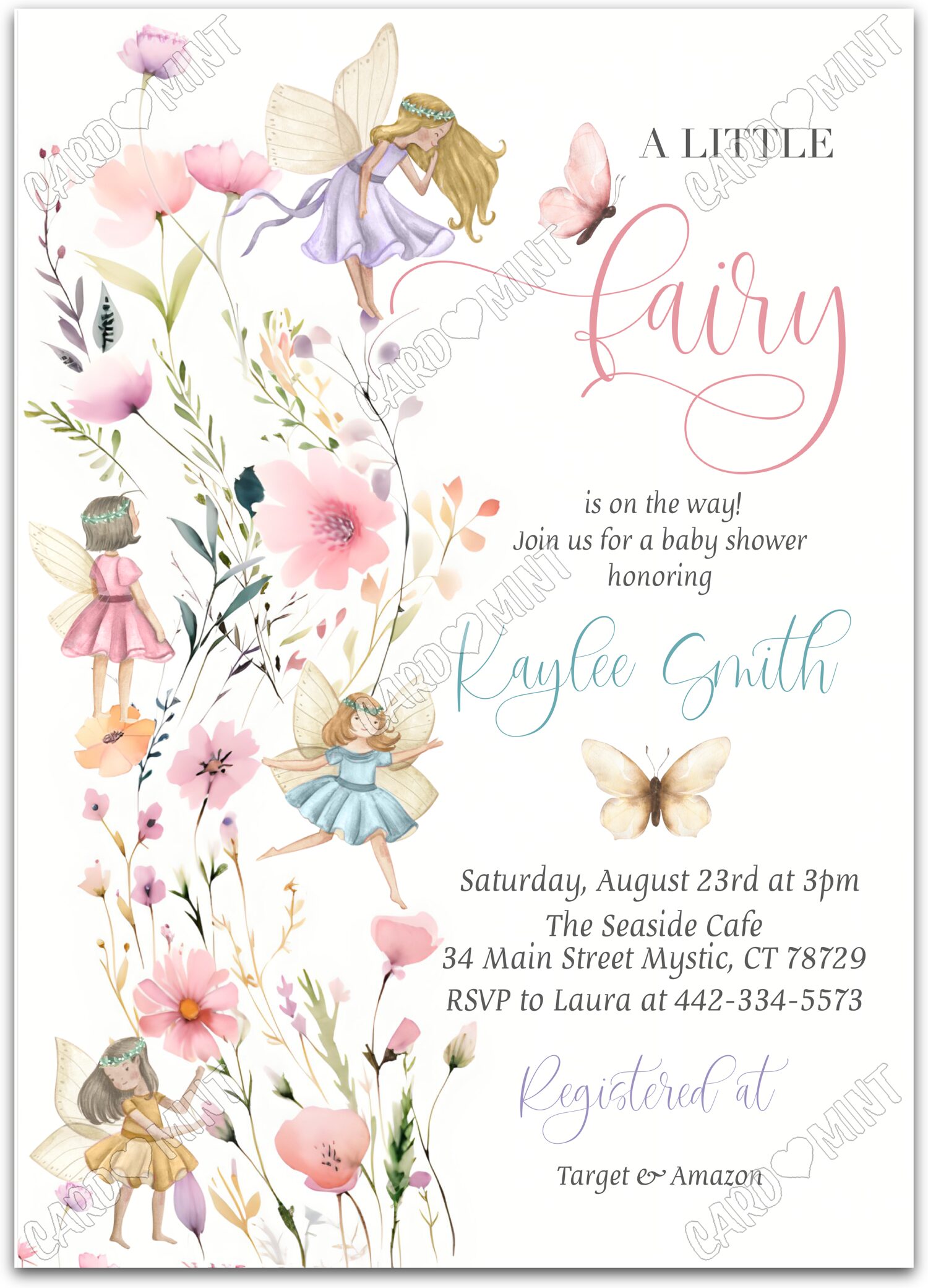 Editable A Little Fairy is on the Way colorful blonde fairy girl Baby Shower Invitation EV2069