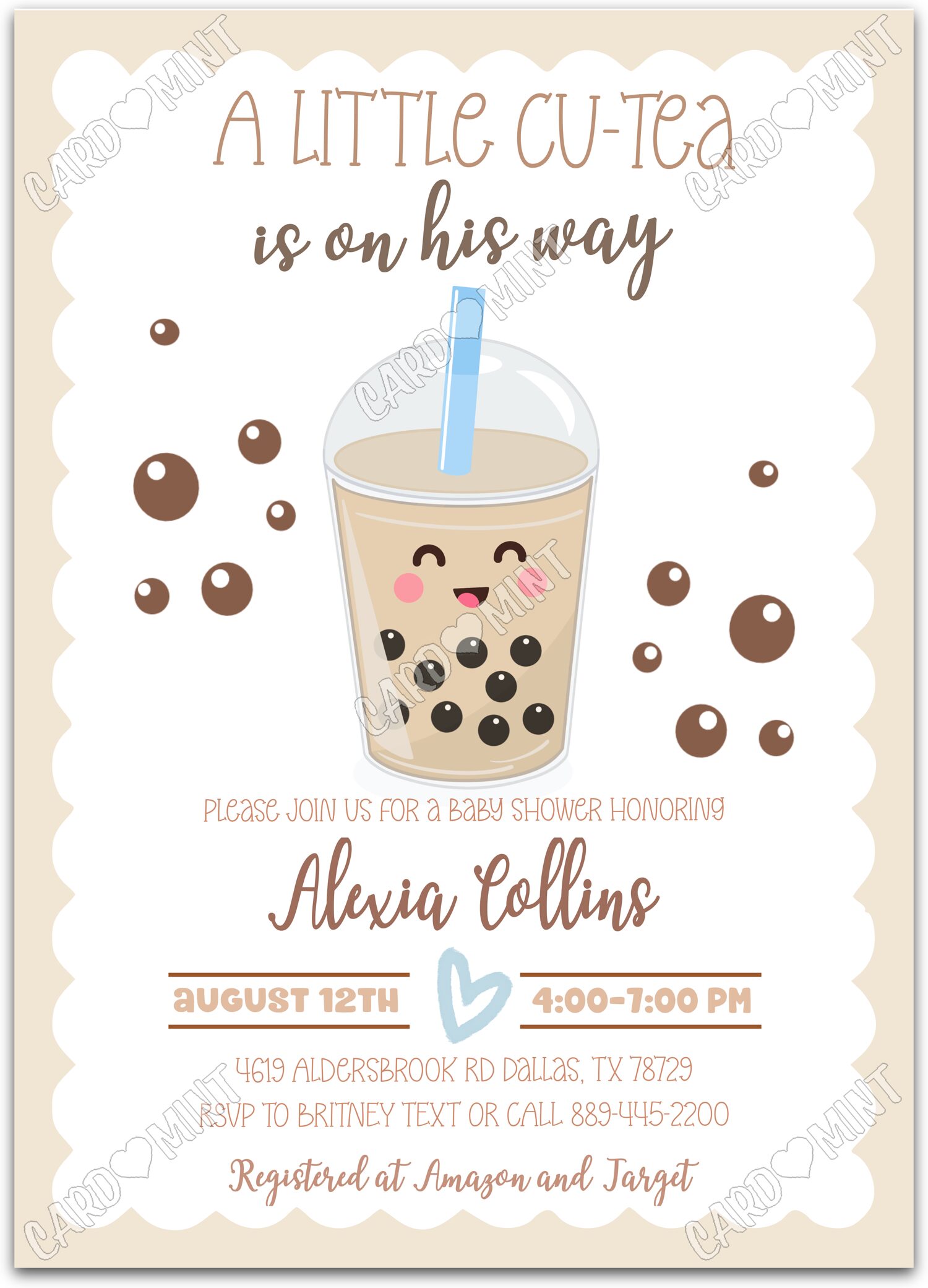 Editable Little Cu-Tea tan bubble tea boy Baby Shower 5"x7" Invitation EV2077