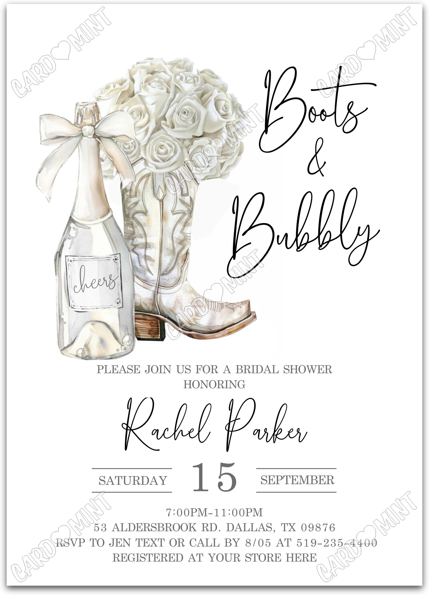 Editable Boots & Bubbly white champagne, boots & white roses Bridal Shower 5"x7" Invitation EV2079
