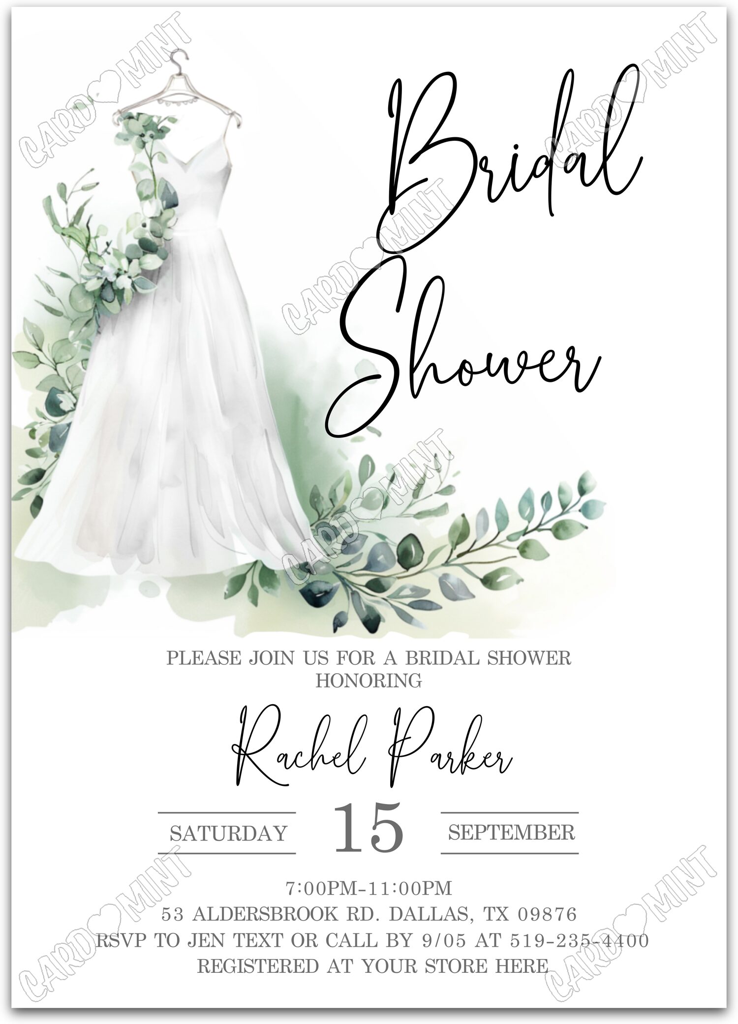 Editable Bridal Shower white wedding dress Bridal Shower 5"x7" Invitation EV2081