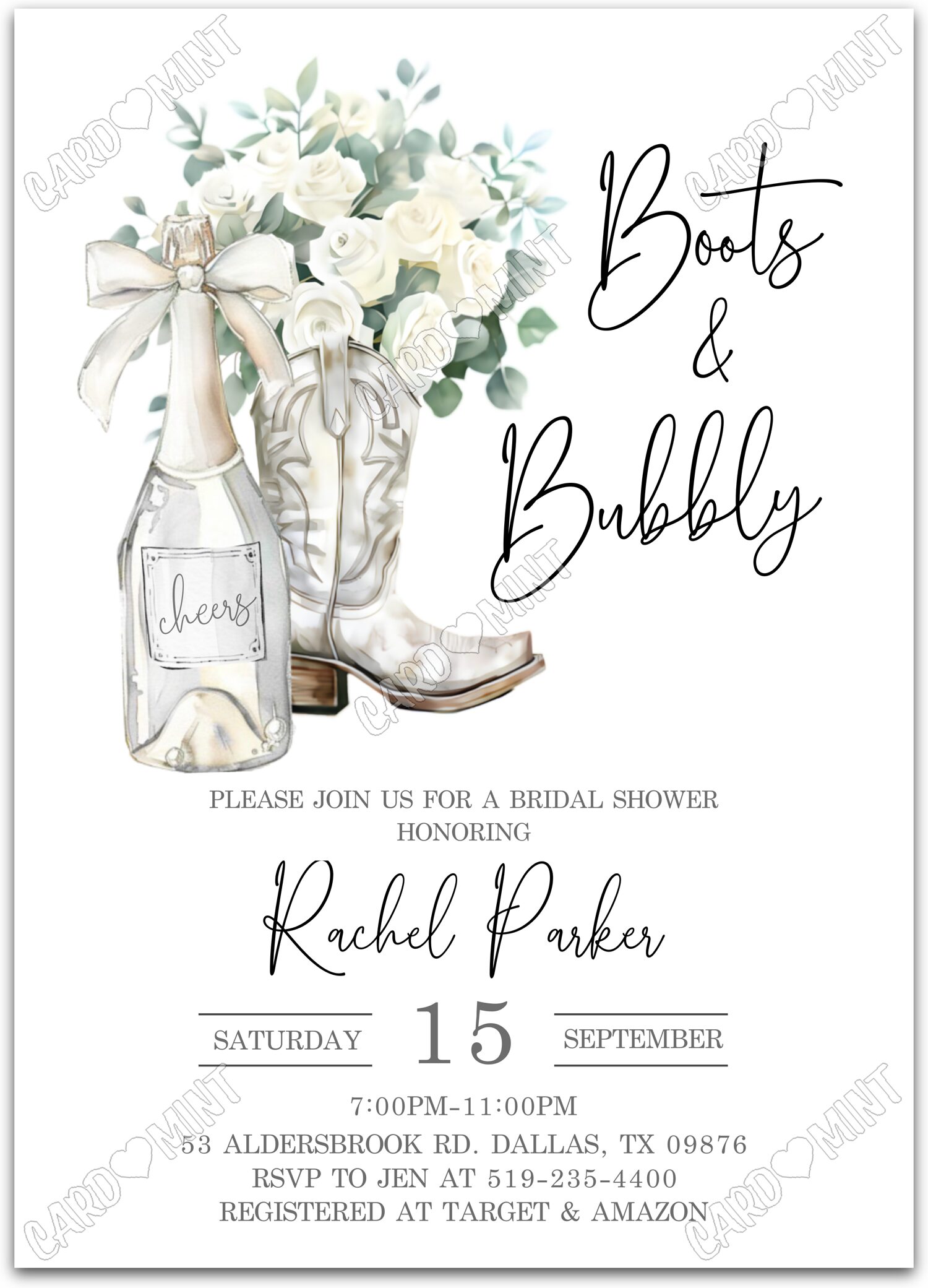 Editable Boots & Bubbly white champagne, boots & white roses/leaves Bridal Shower 5"x7" Invitation EV2083