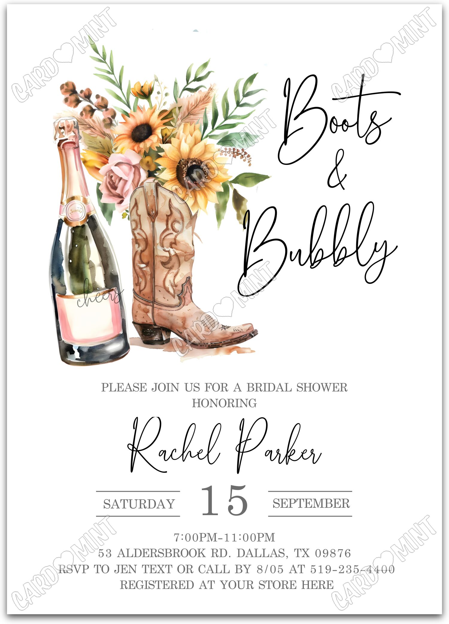 Editable Boots & Bubbly white champagne, boots & sunflowers/leaves Bridal Shower 5"x7" Invitation EV2085