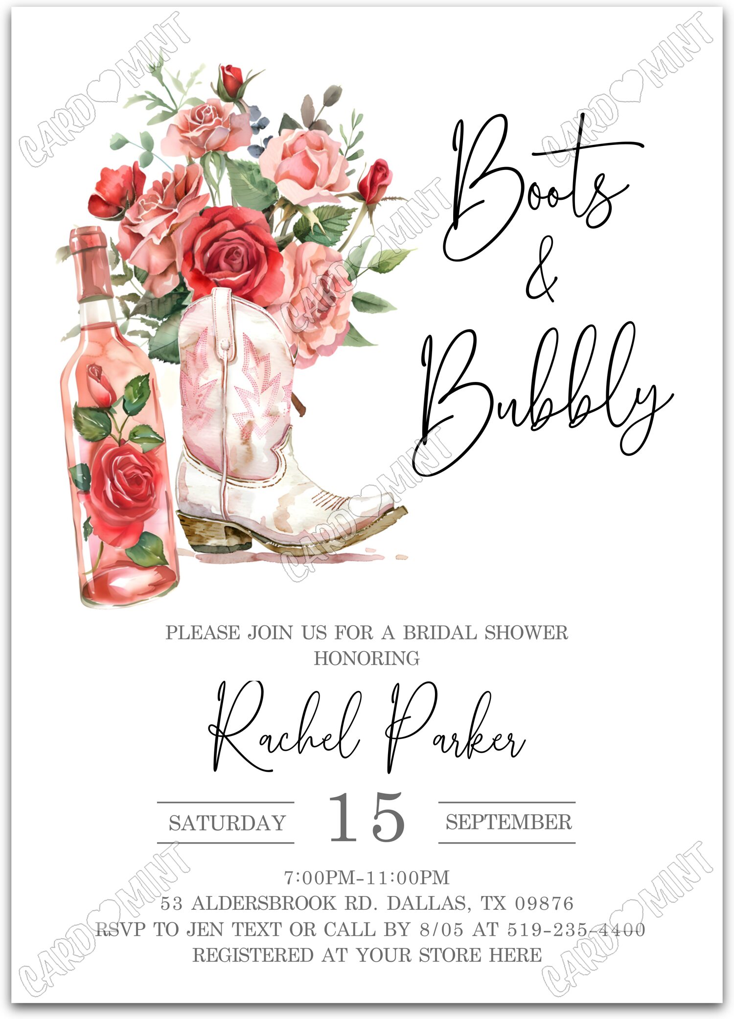 Editable Boots & Bubbly white champagne, boots & red/pink roses/leaves Bridal Shower 5"x7" Invitation EV2086