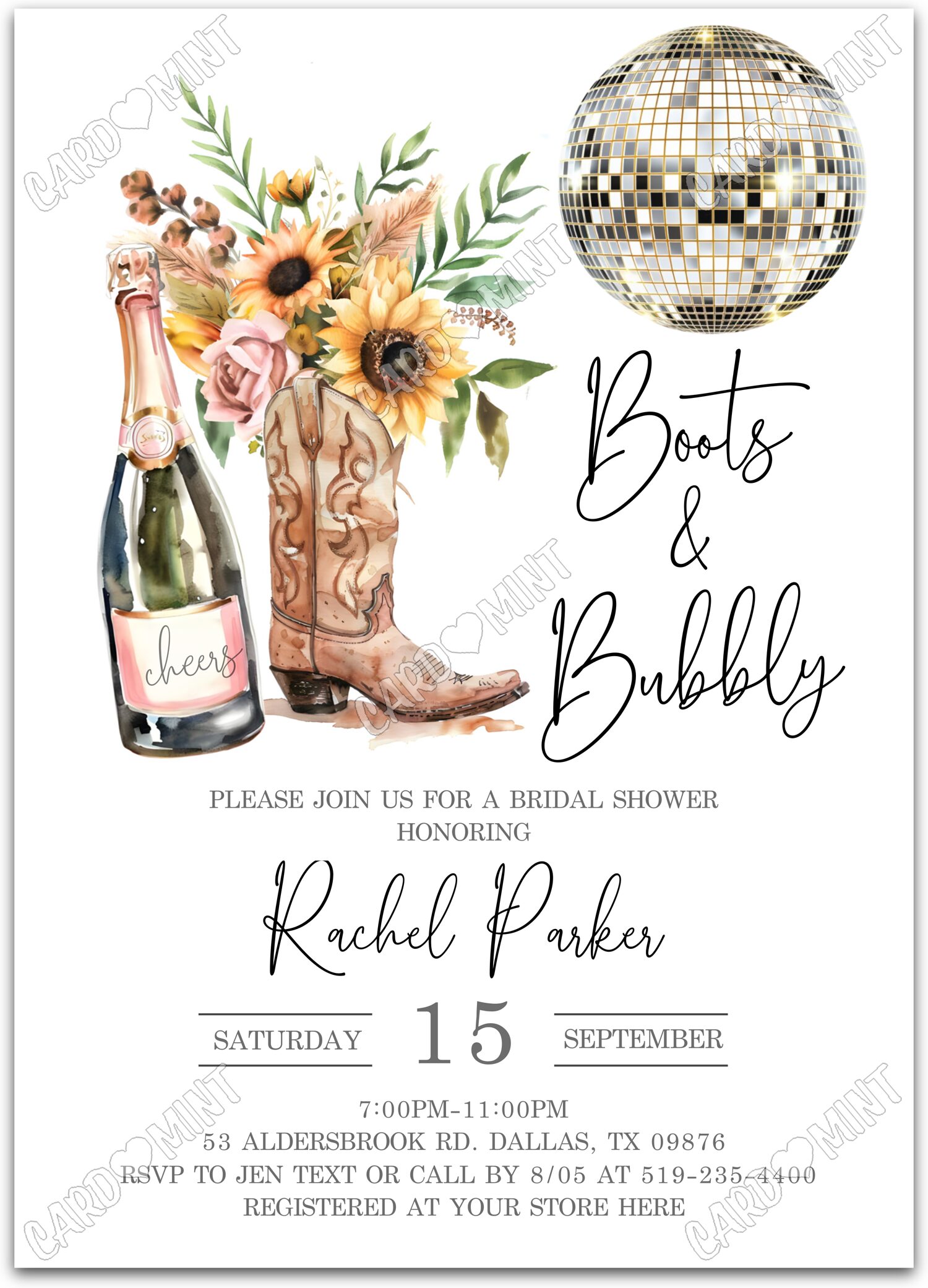 Editable Boots & Bubbly white champagne, boots, sunflowers/leaves & disco ball Bridal Shower 5"x7" Invitation EV2087