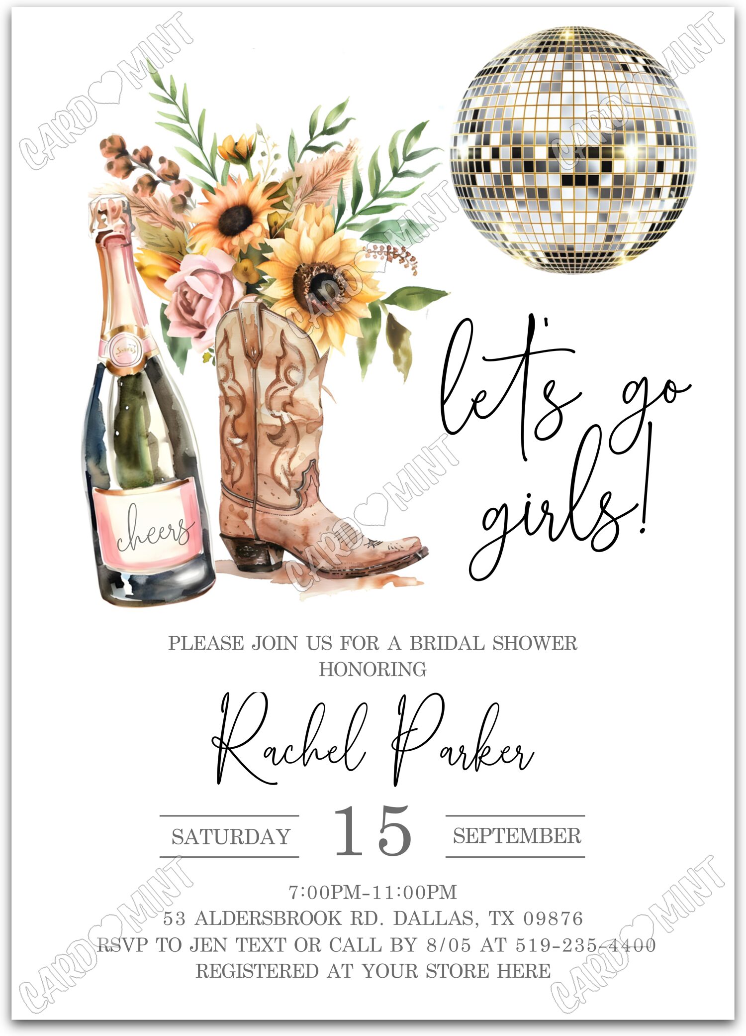Editable Let's Go Girls white champagne, boots, sunflowers/leaves & disco ball Bridal Shower 5"x7" Invitation EV2088
