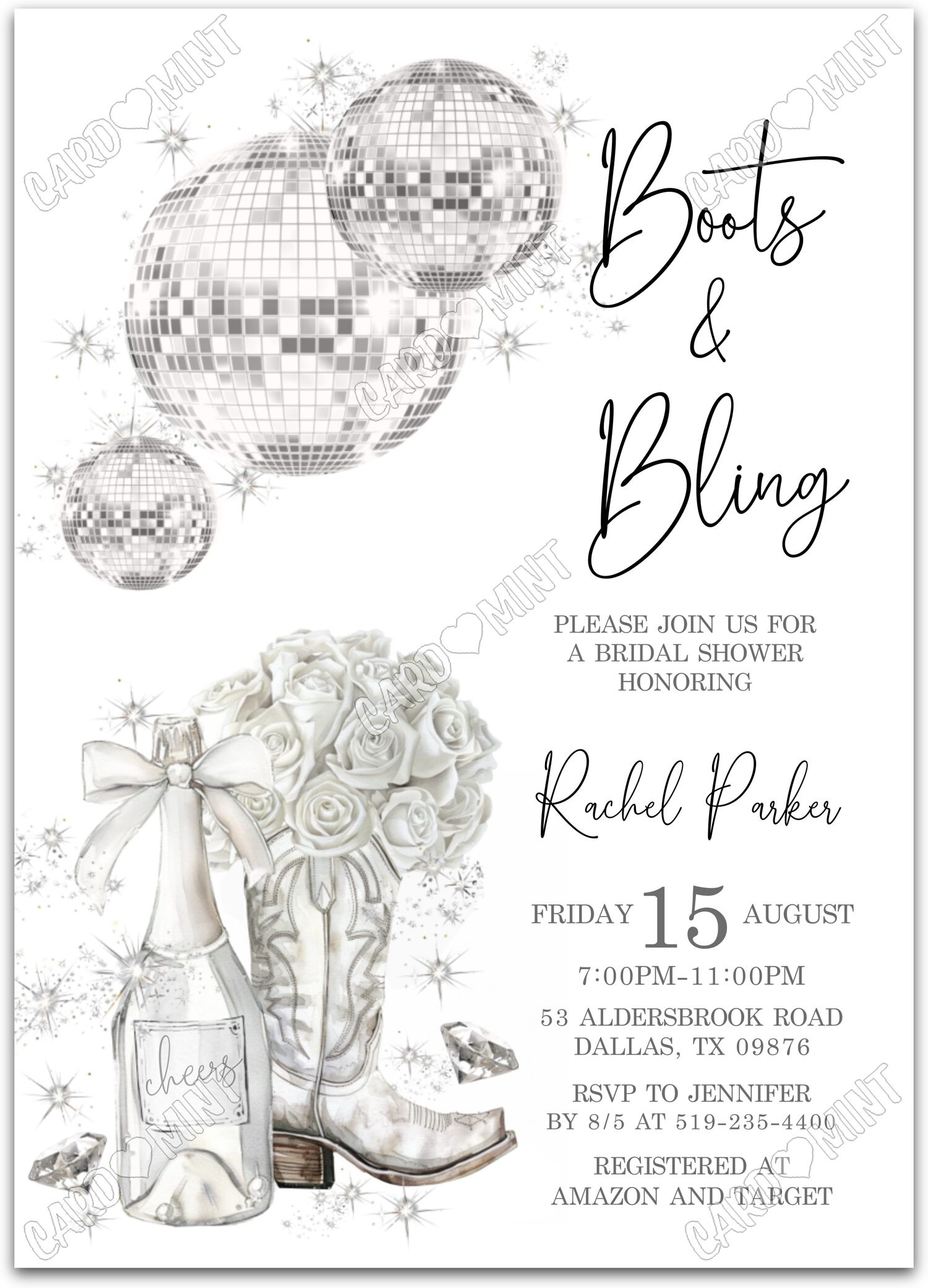 Editable Boots & Bling white champagne, boots, white roses & disco balls Bridal Shower 5"x7" Invitation EV2089