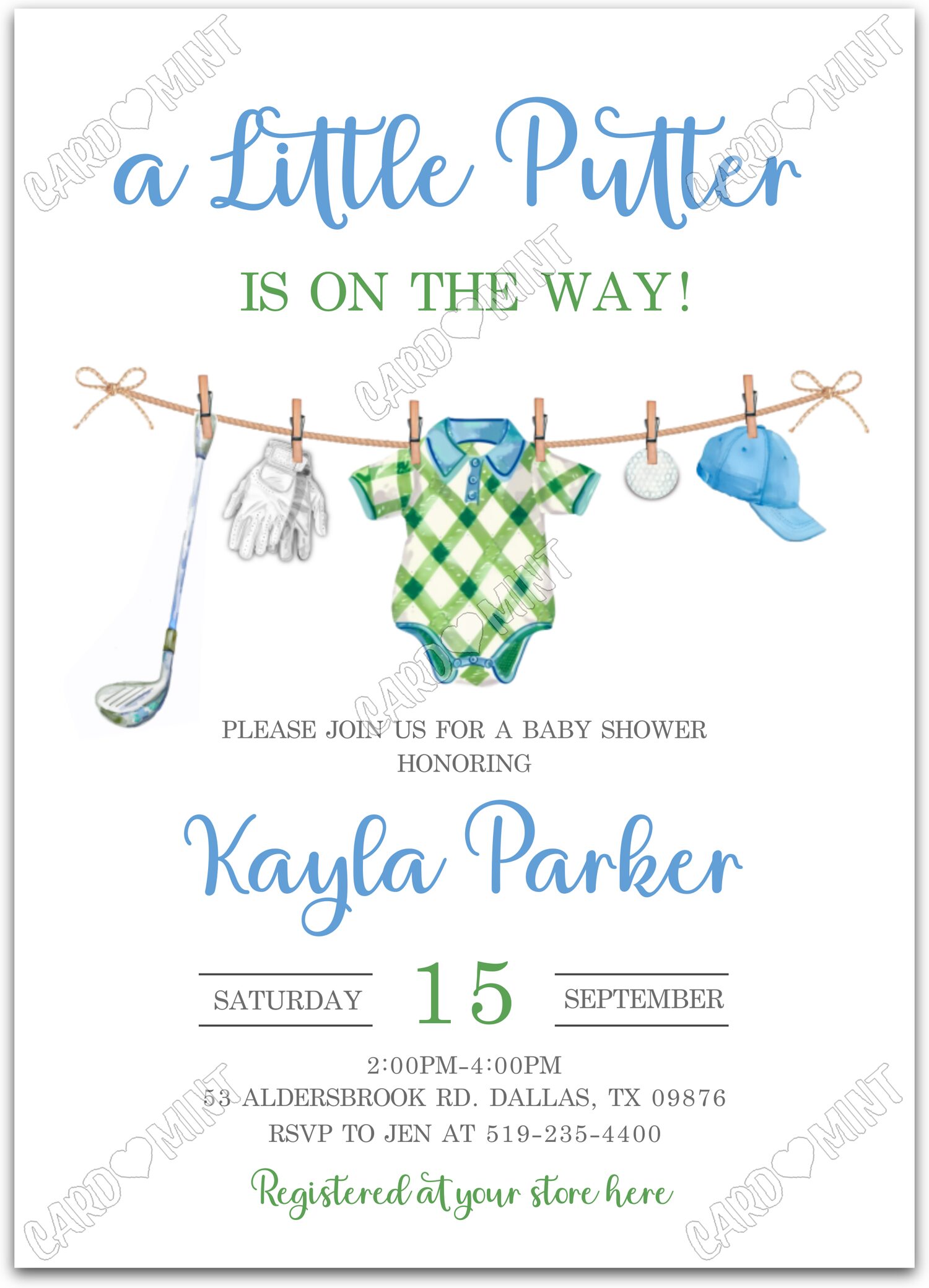 Editable A Little Putter white golf club & golf apparel boy Baby Shower 5"x7" Invitation EV2090