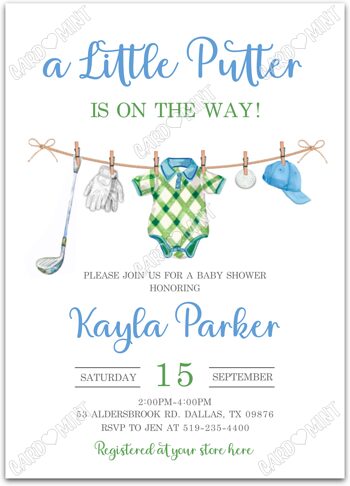 Editable A Little Putter Baby Shower Invitation printable or evite for boy with golf club & golf apparel, white EV2090