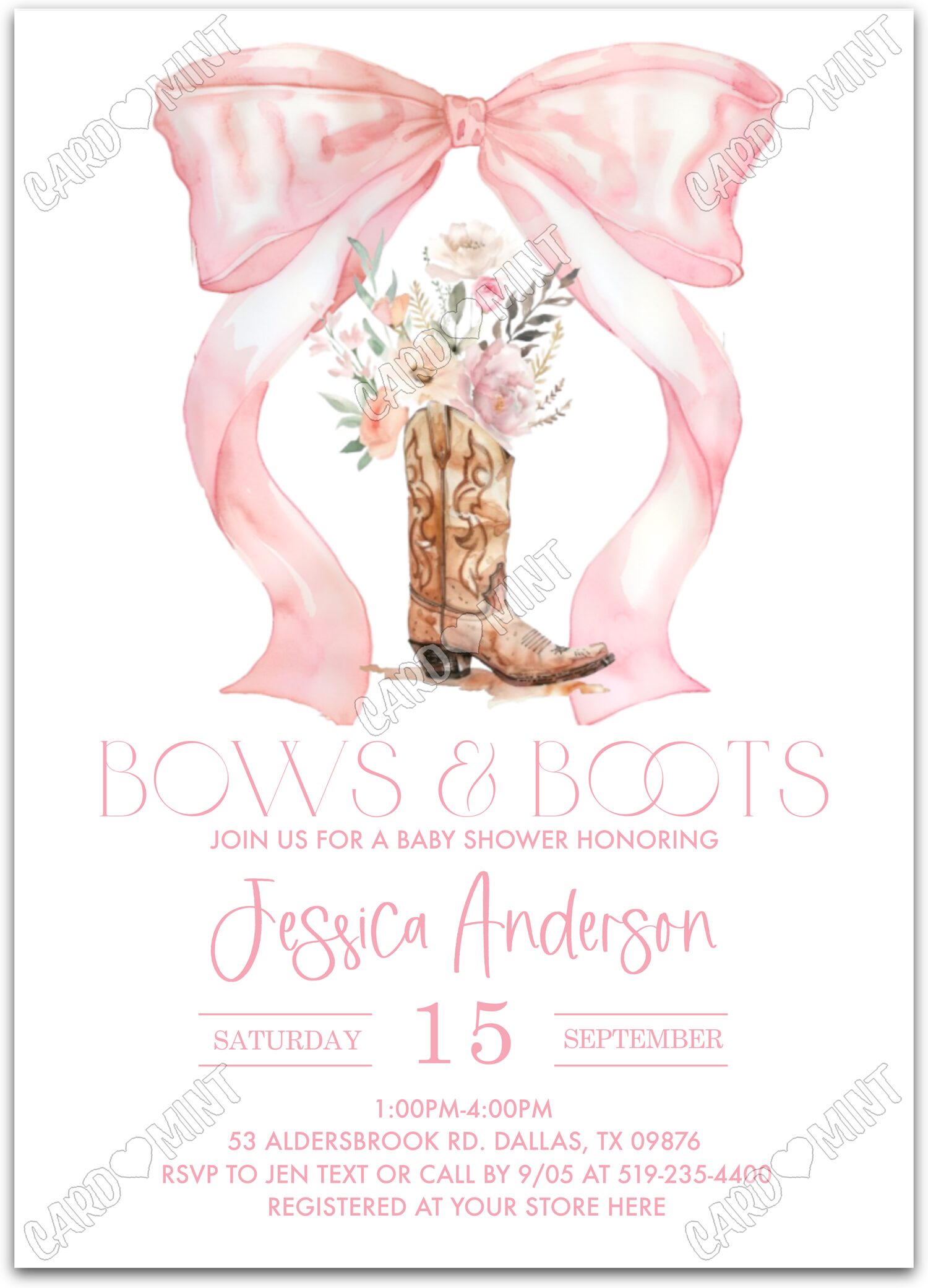 Editable Bows & Boots pink bow & boot girl Baby Shower 5"x7" Invitation EV2092