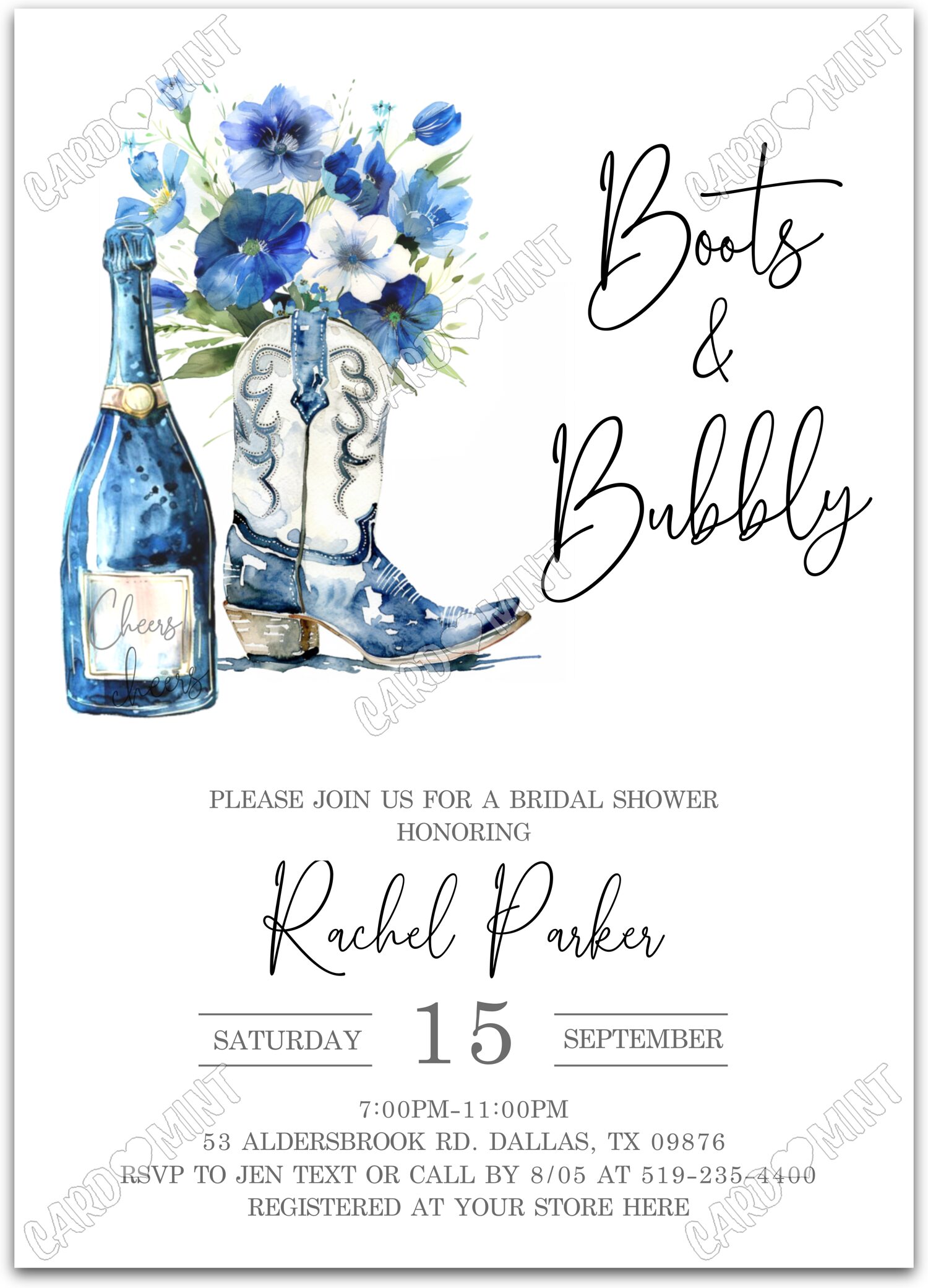 Editable Boots & Bubbly white champagne, blue boots & blue wildflowers Bridal Shower 5"x7" Invitation EV2093