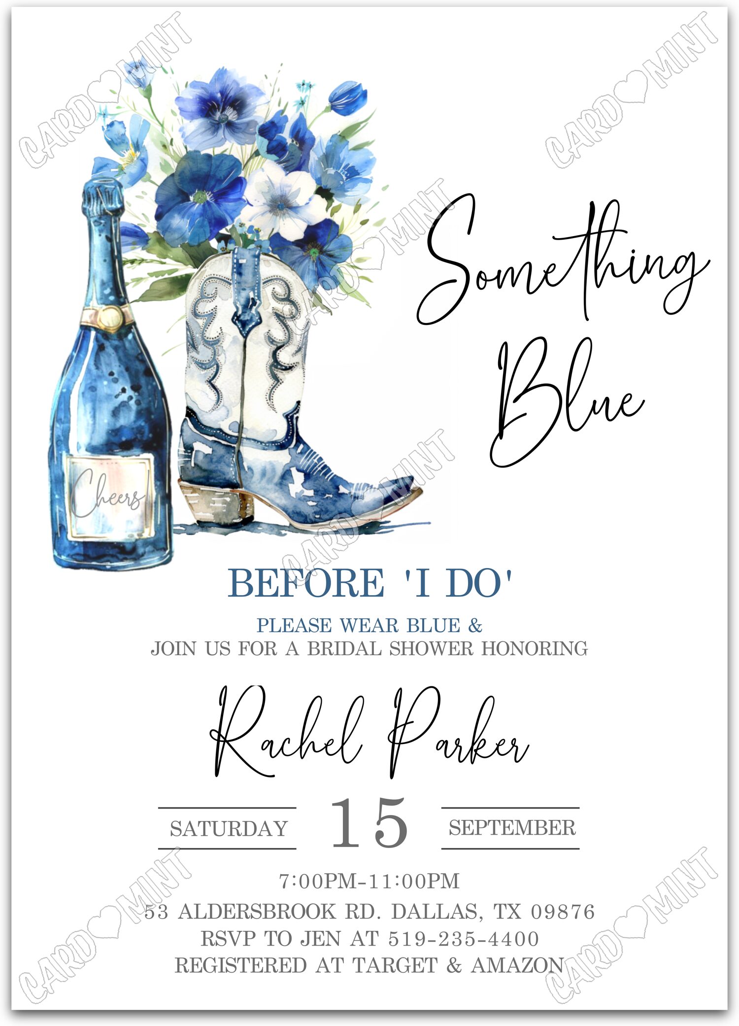 Editable Something Blue white champagne, blue boots & blue wildflowers Bridal Shower 5"x7" Invitation EV2094