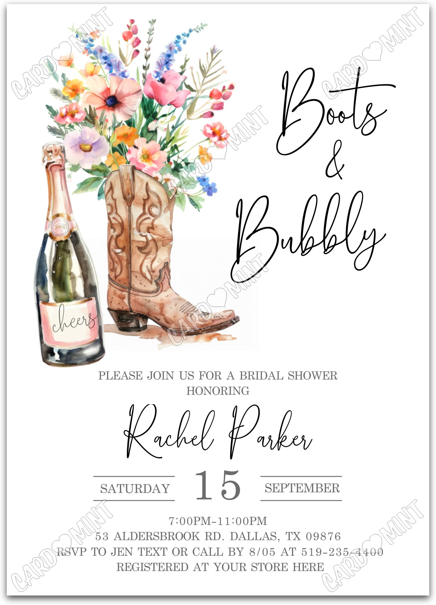 Editable Her Last Rodeo white champagne, boots & disco ball Bridal Shower 5"x7" Invitation EV2096