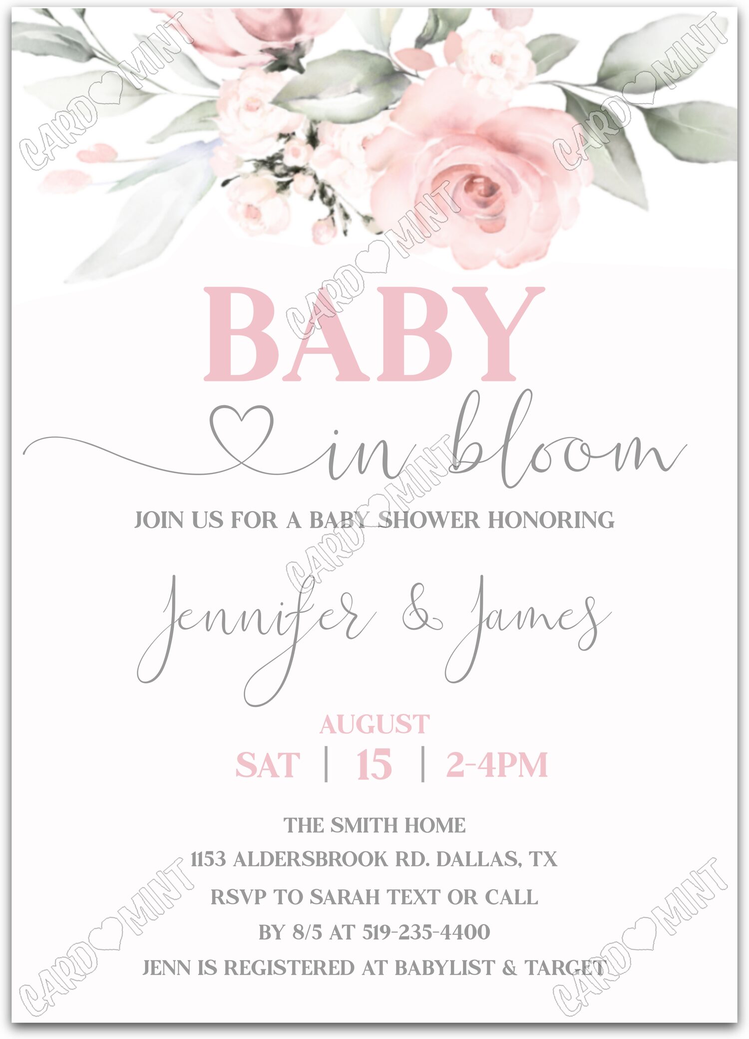 Editable Baby in Bloom pink roses & floral pattern girl Baby Shower 5"x7" Invitation EV2103