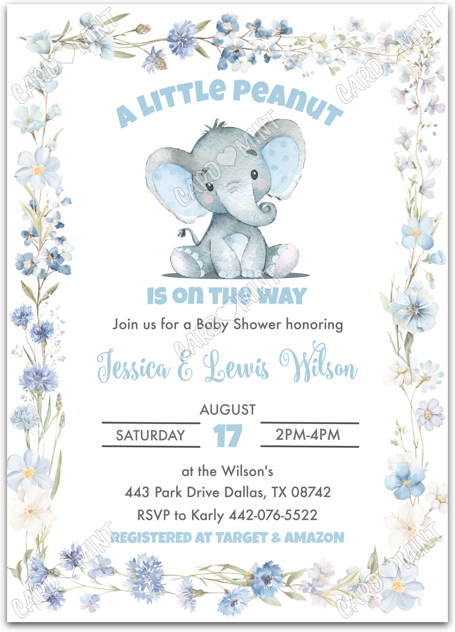 Editable A Little Peanut white wildflowers & baby elephant, blue & boy Baby Shower 5"x7" Invitation EV2106