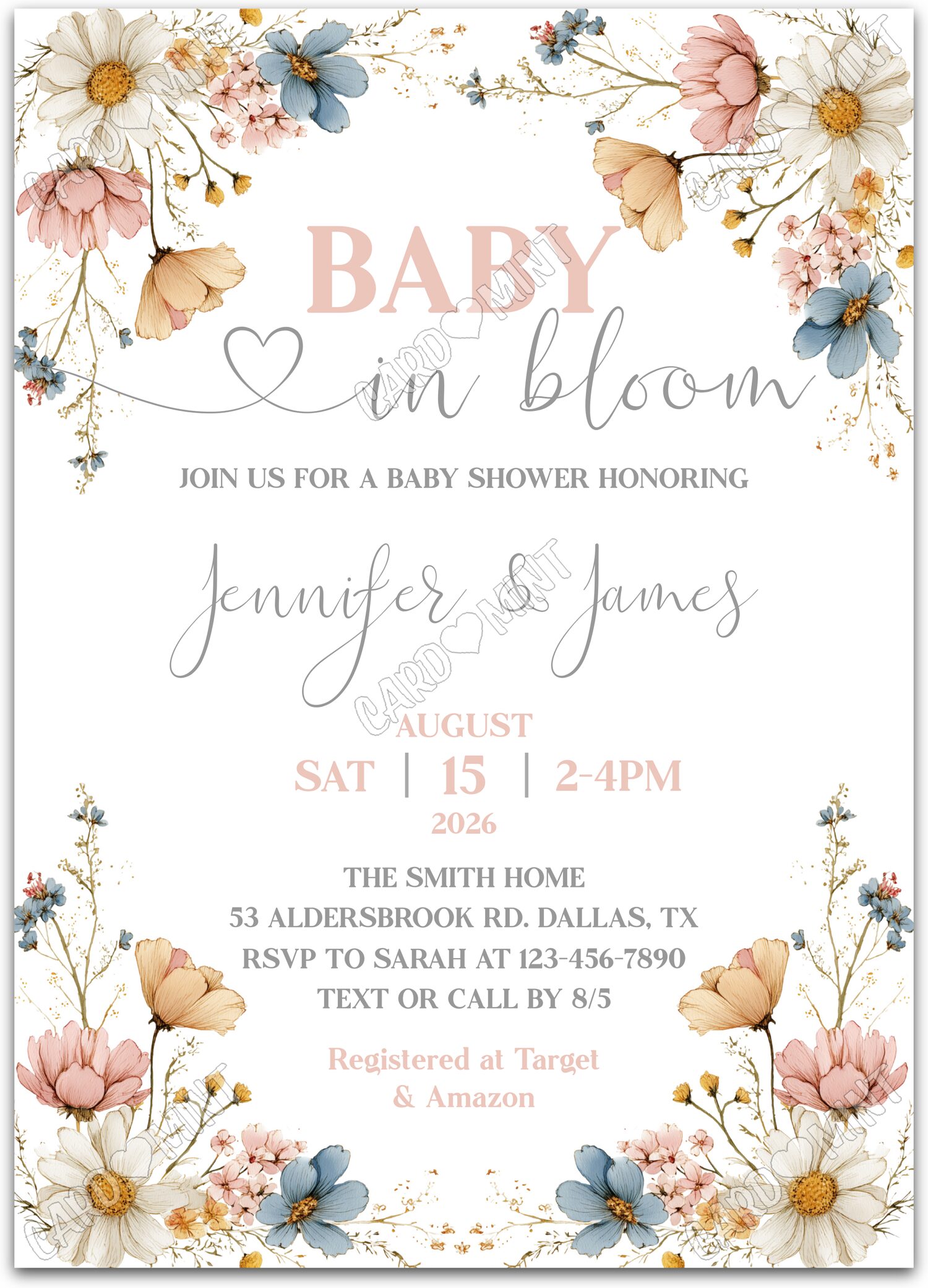 Editable Baby in Bloom wildflower border girl Baby Shower 5"x7" Invitation EV2108