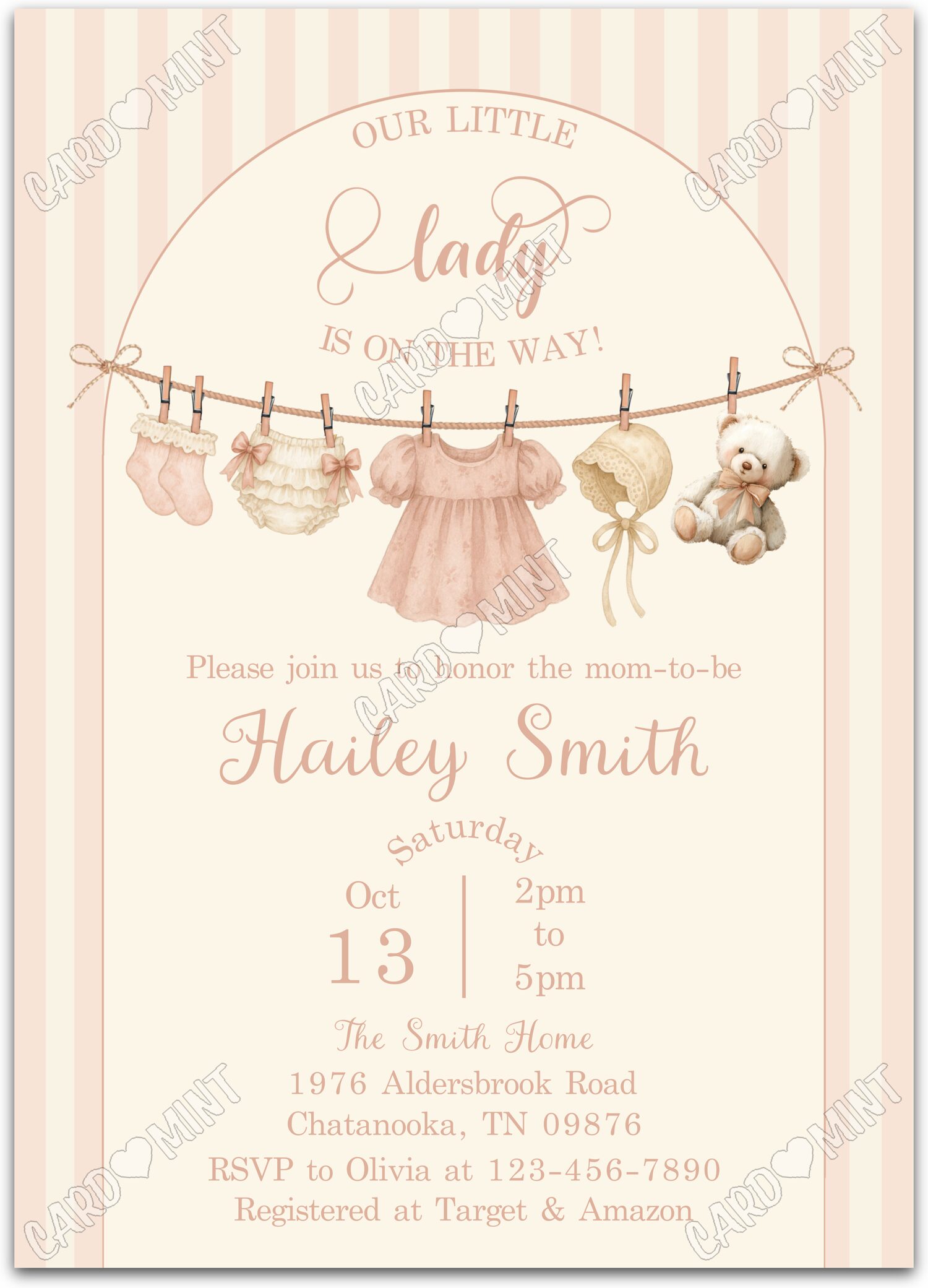 Editable Our Lttle Lady pink vintage clothesline in ivory and girl Baby Shower 5"x7" Invitation EV2111