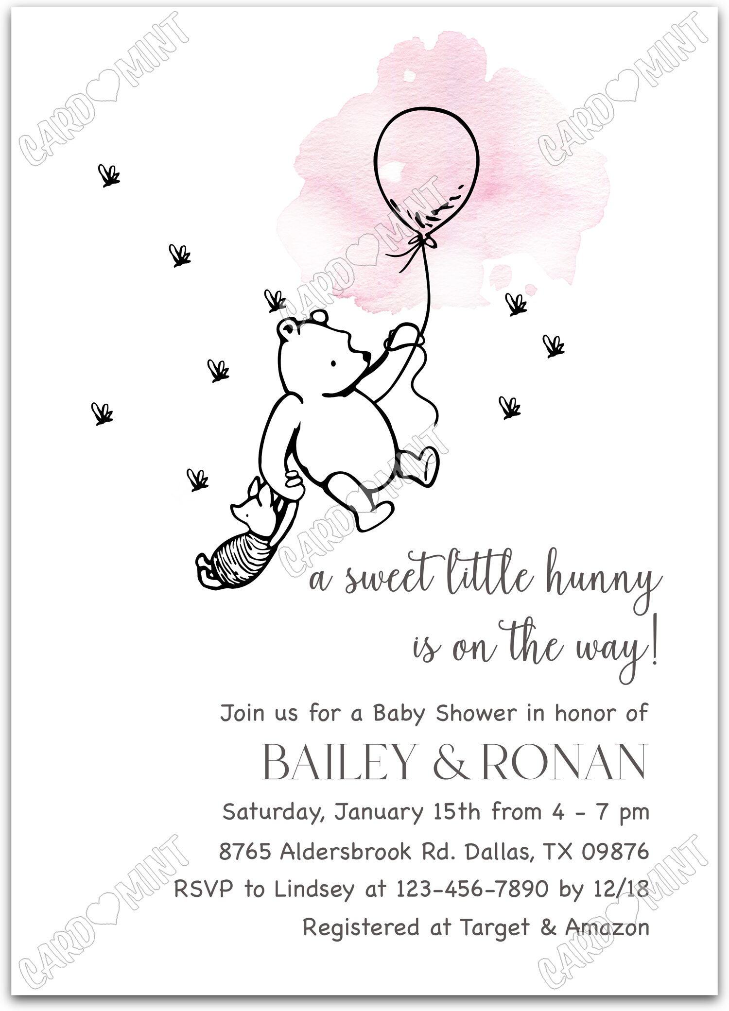 Editable A Little Hunny white pooh & piglet, pink and girl Baby Shower 5"x7" Invitation EV2112