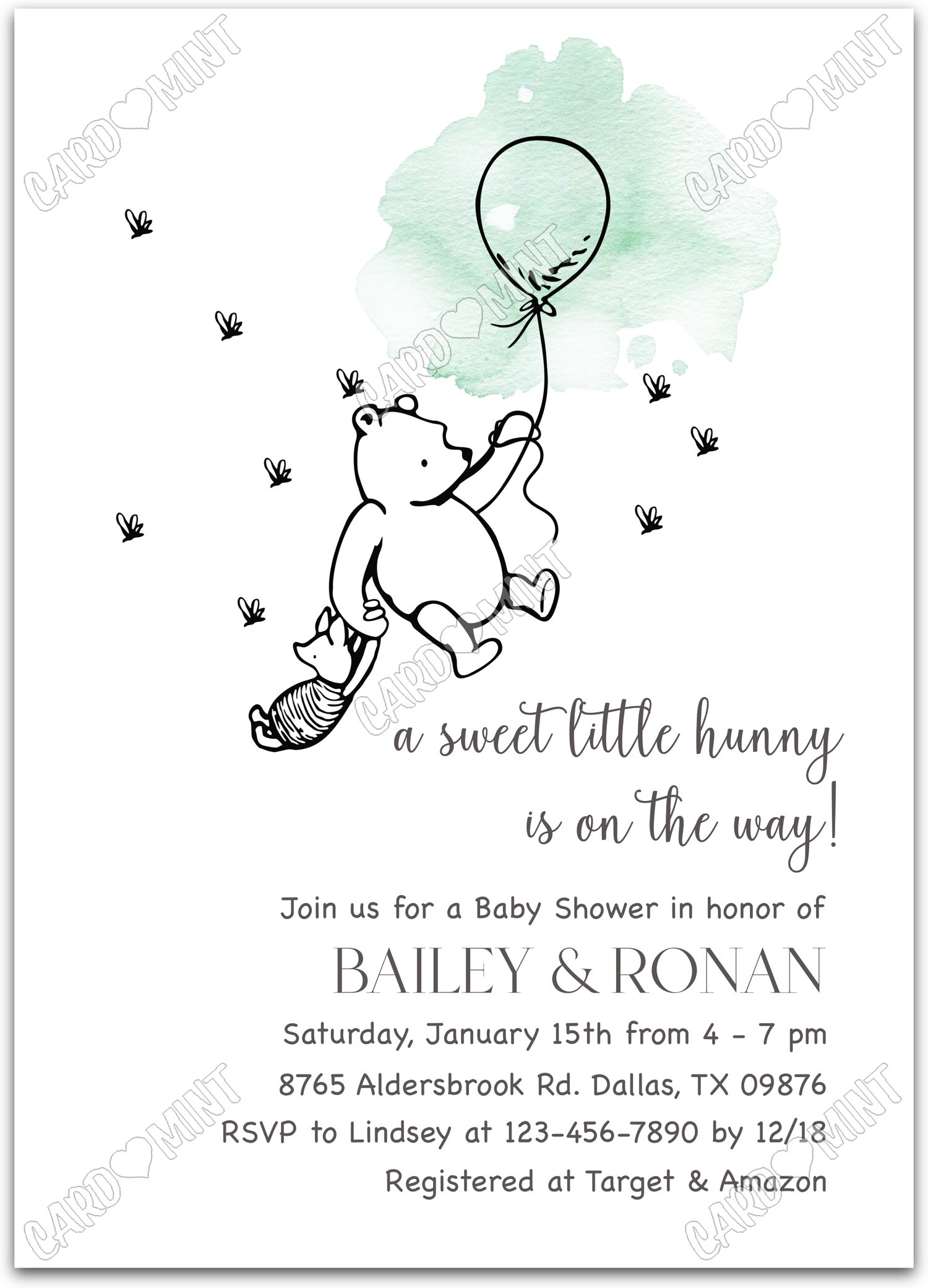 Editable A Little Hunny Bear white pooh & piglet, green and Baby Shower 5"x7" Invitation EV2114