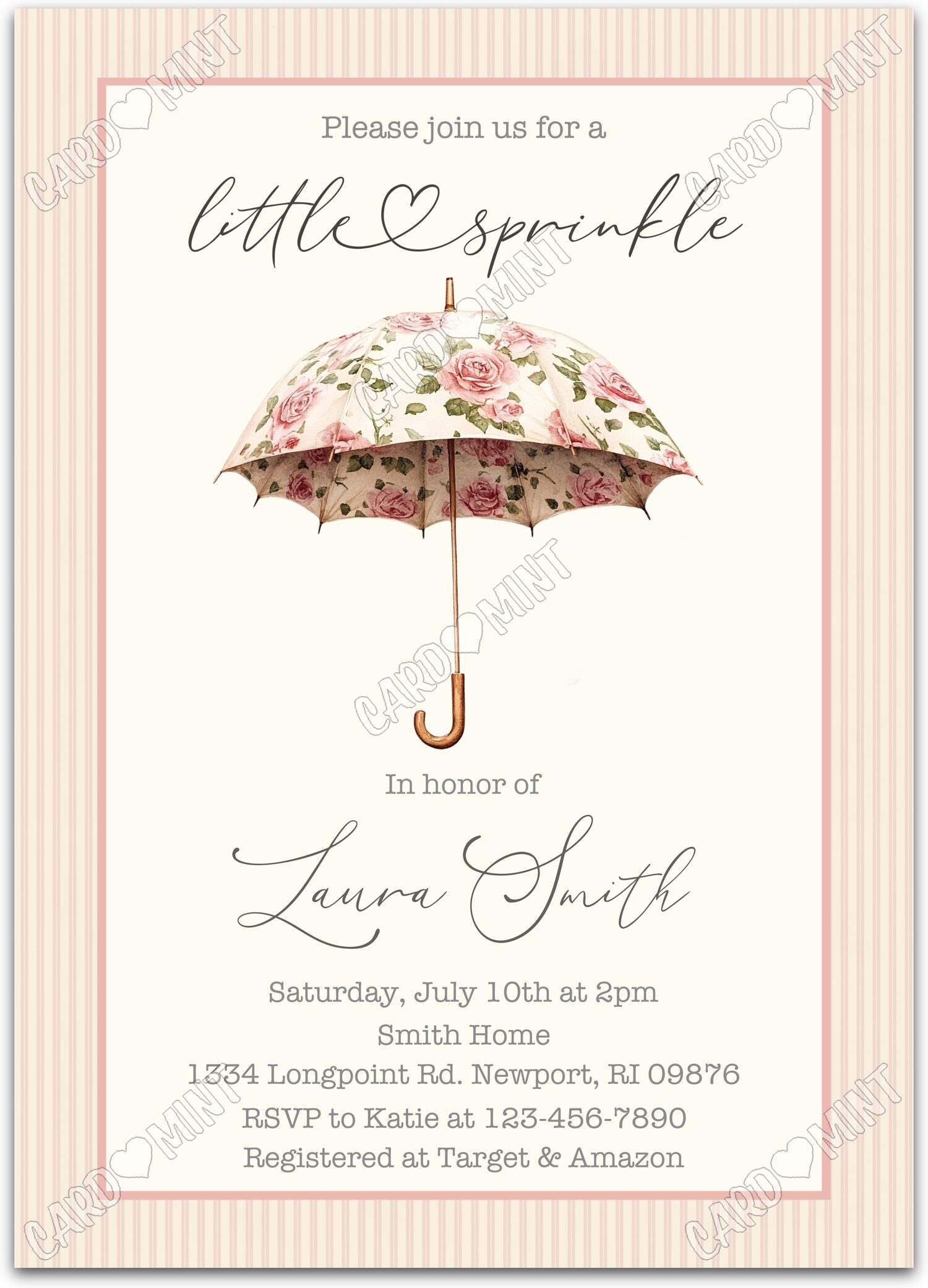Editable Vintage Umbrella ivory pretty umbrella, flowers in pink and girl Baby Sprinkle 5"x7" Invitation EV2115