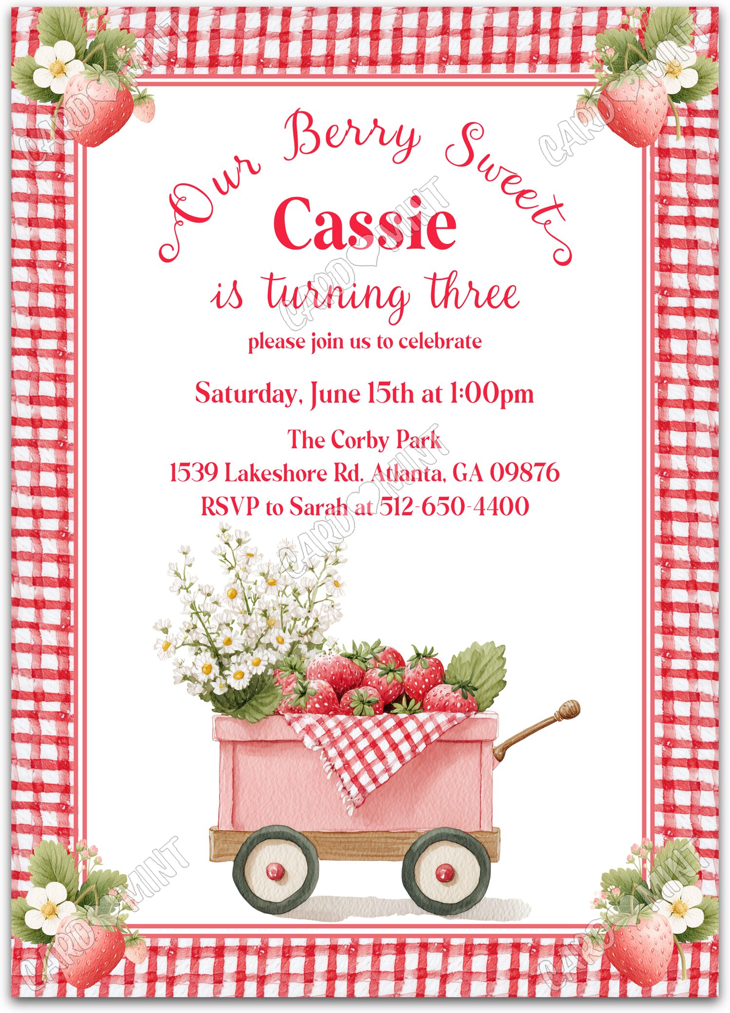 Editable Berry Sweet red strawberries and daisies, white and girl Birthday Party 5"x7" Invitation EV2117