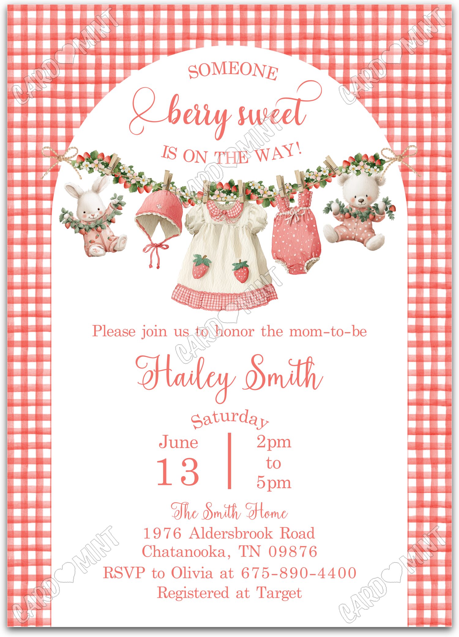 Editable Someone Berry Sweet red strawberry clothesline white and girl Baby Shower 5"x7" Invitation EV2118