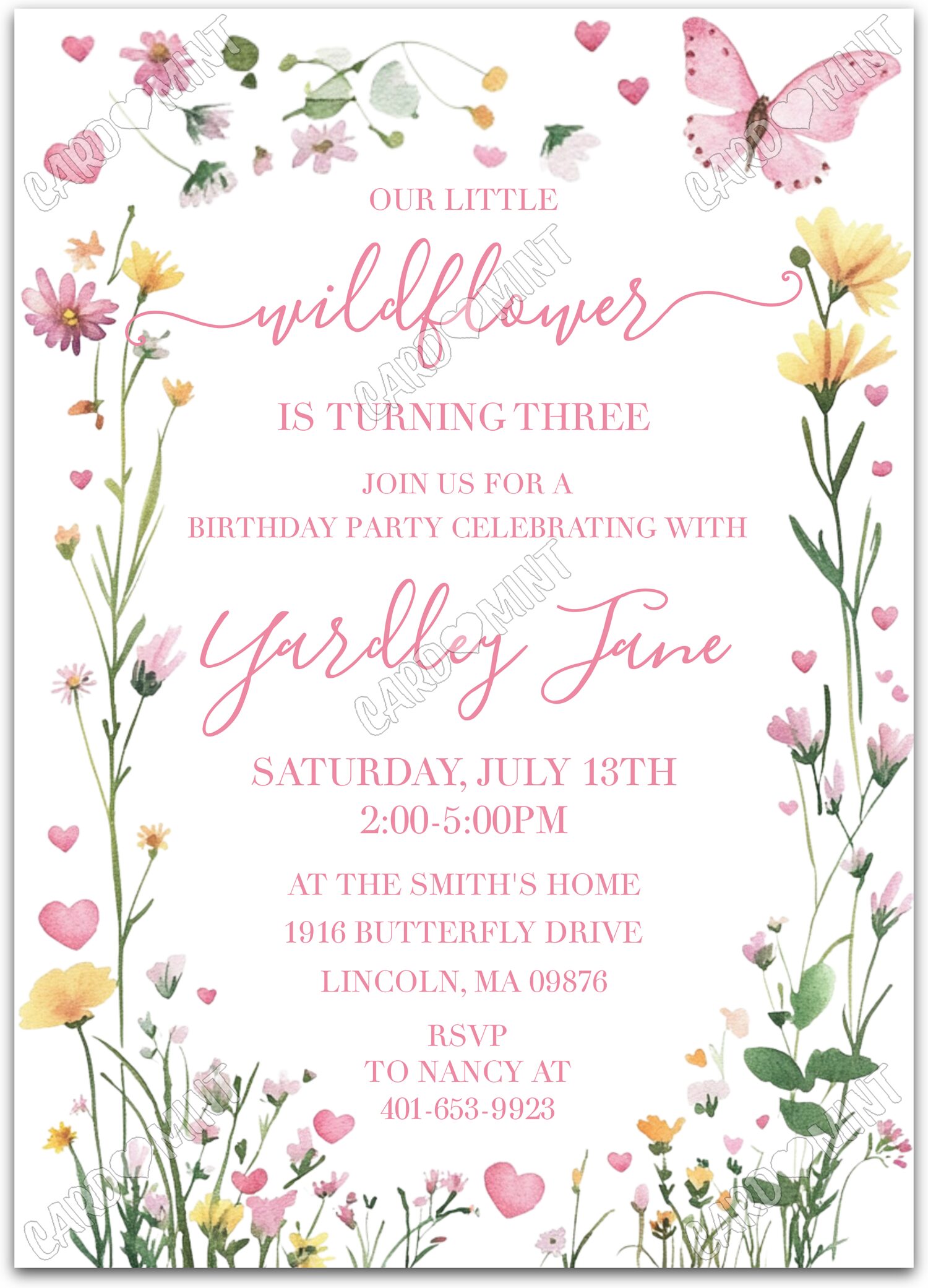 Editable Our Little Wildflower white wildflowers, pink and girl Birthday Party 5"x7" Invitation EV2119