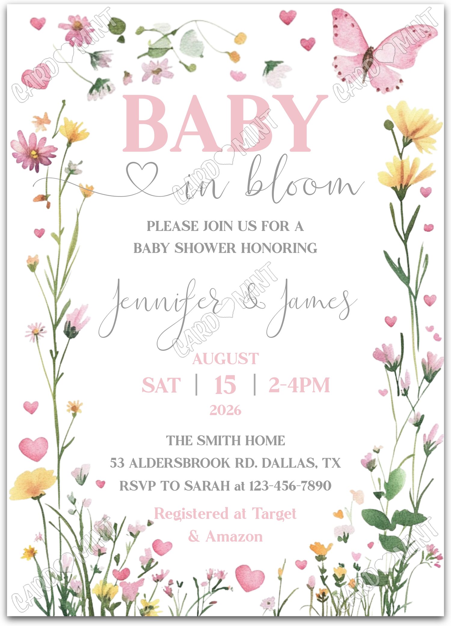 Editable Baby in Bloom pink wildflowers & floral pattern girl Baby Shower 5"x7" Invitation EV2121
