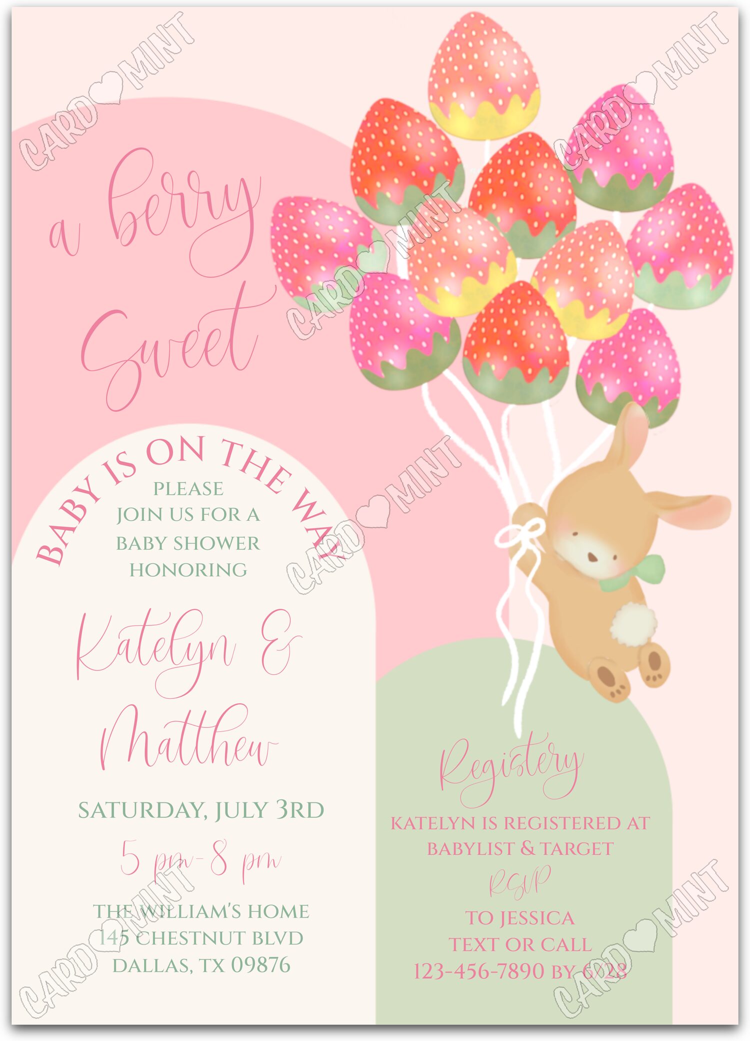 Editable Berry Sweet strawberry balloons & bunny girl Baby Shower 5"x7" Invitation EV2122