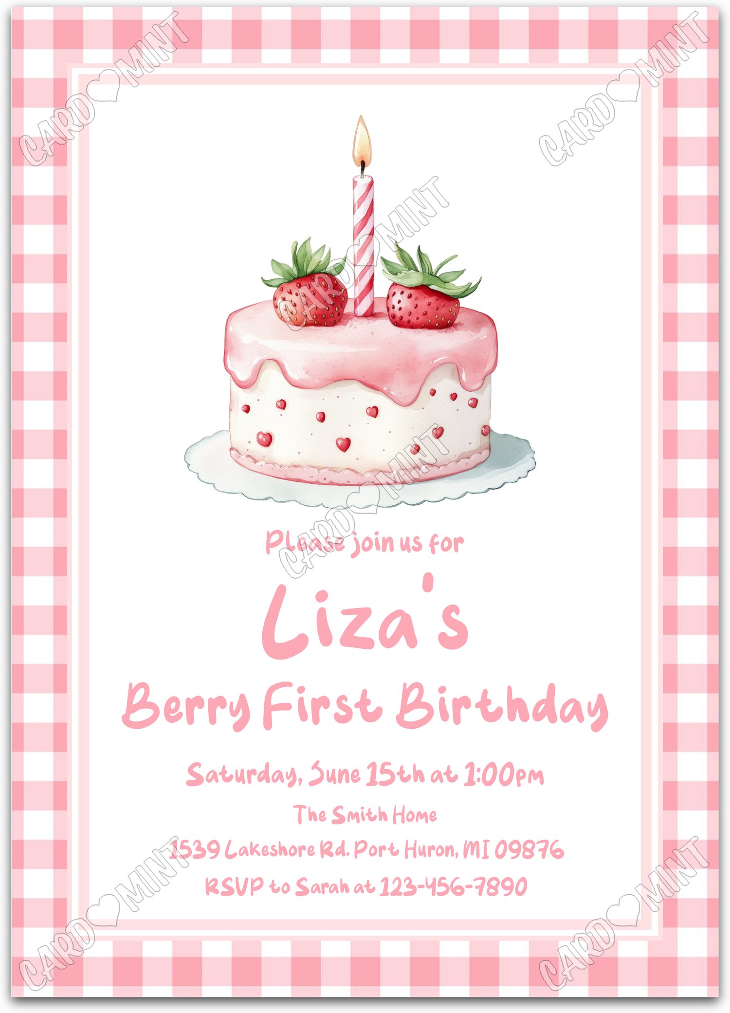 Editable Berry First strawberriy cake, pink and white gingham girl Birthday Party Invitation EV2123