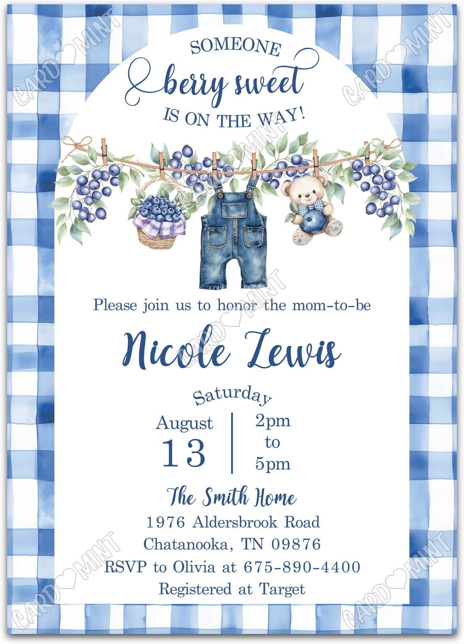 Editable Berry Sweet blue blueberry clothesline white and boy Baby Shower 5"x7" Invitation EV2126