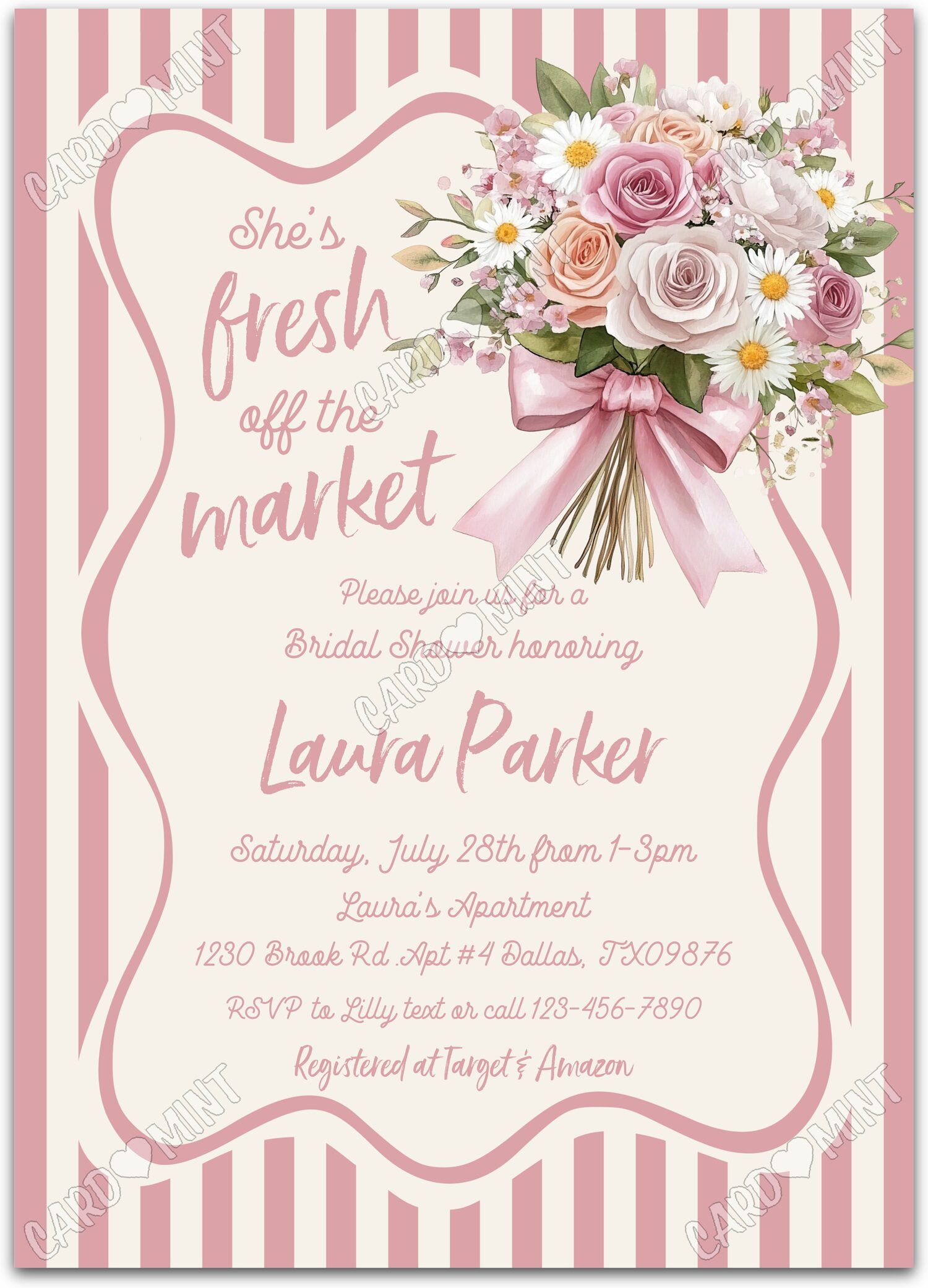 Editable She's Off The Market white flower bouquet in pink and Bridal Shower 5"x7" Invitation EV2127