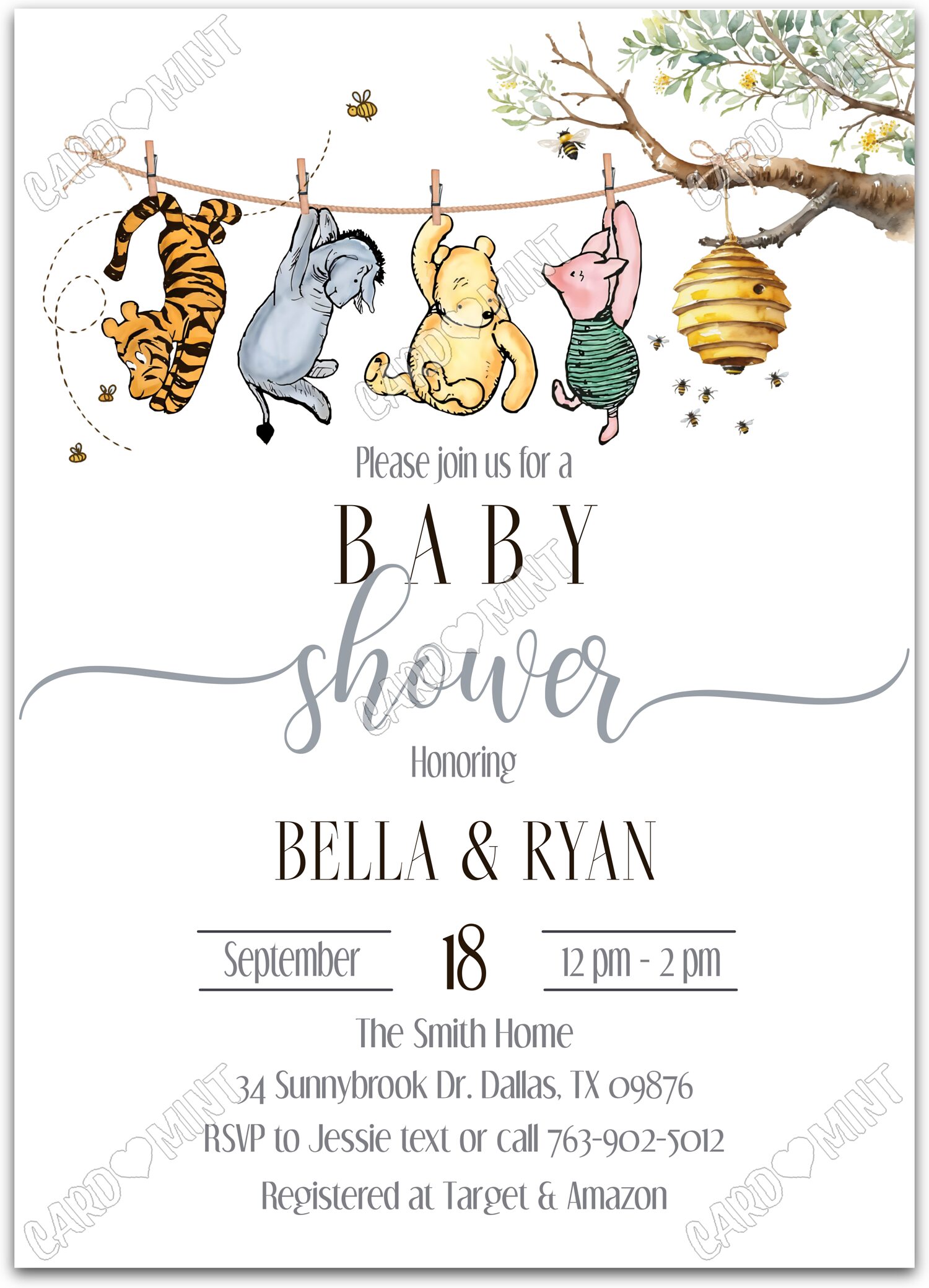 Editable Winnie the Pooh Pooh and Friends Baby Shower 5"x7" Invitation EV2129
