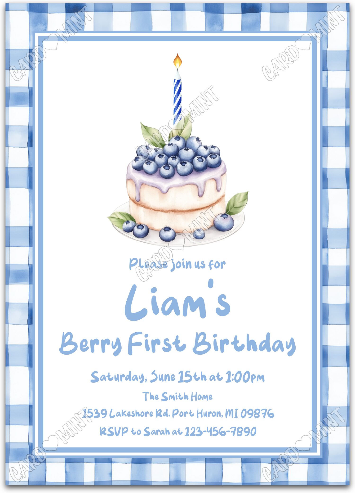 Editable Berry First blueberry cake, blue and white gingham boy Birthday Party Invitation EV2130