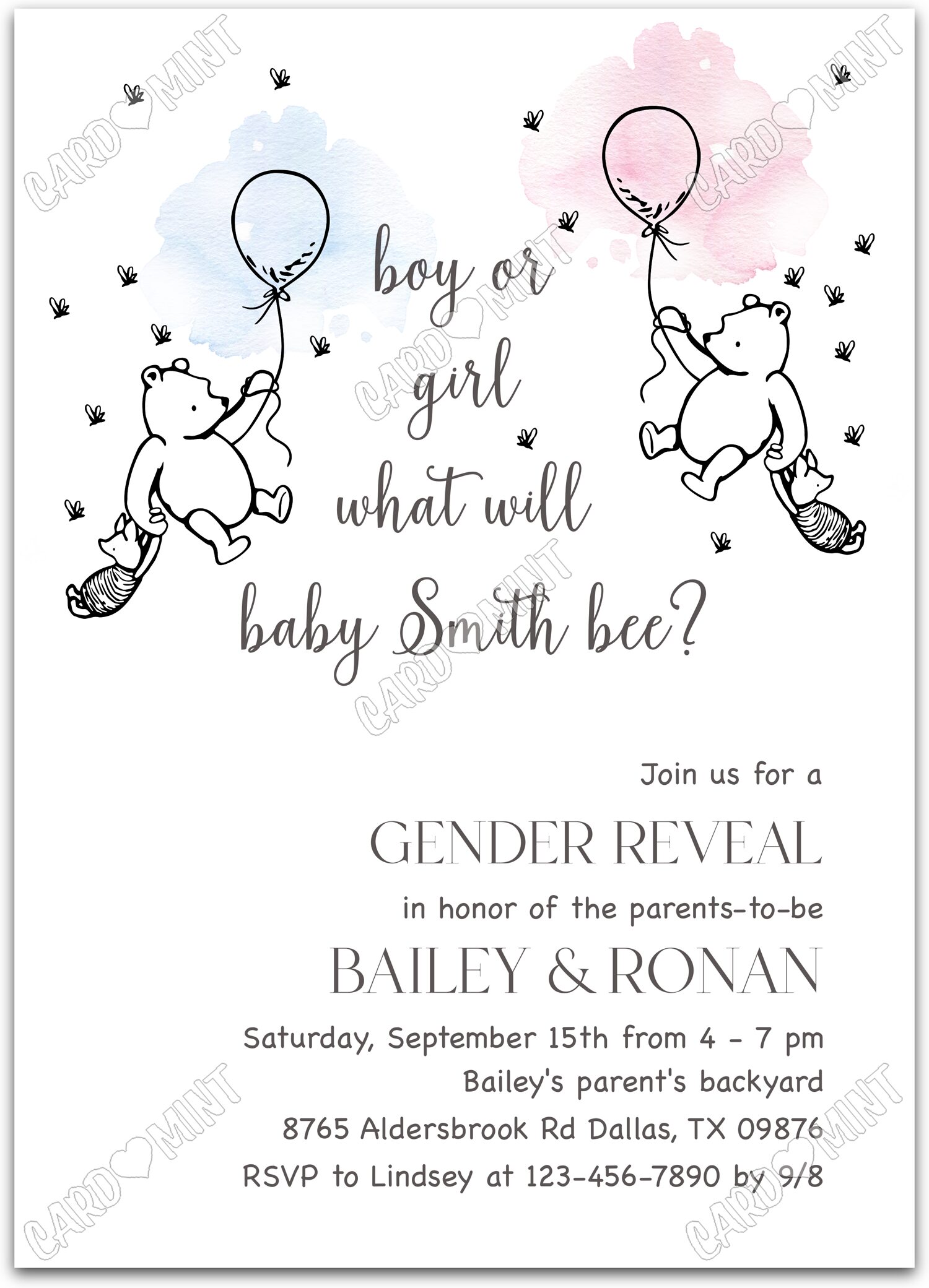 Editable Winnie the Pooh pink/blue Pooh & Piglet Gender Reveal 5"x7" Invitation EV2131