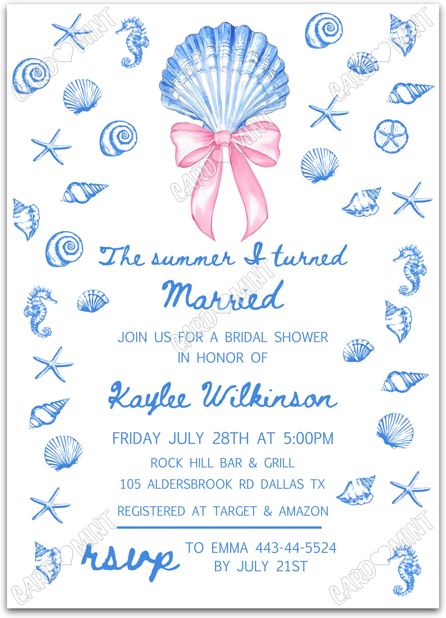 Editable The Summer I Turned Married white blue sea shells Bridal Shower 5"x7" Invitation EV2132