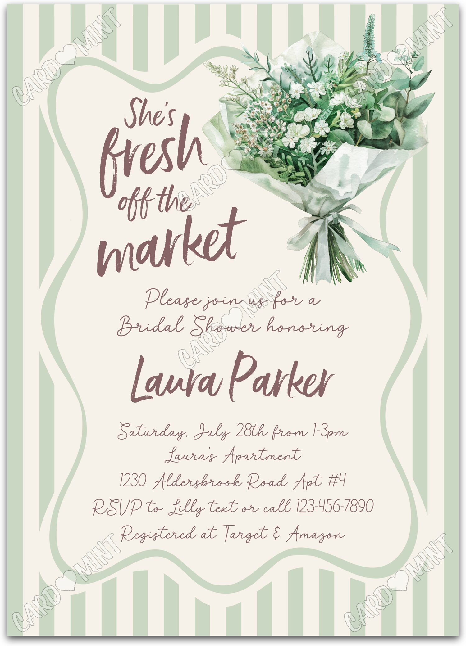 Editable She's Off The Market white flower bouquet in green and Bridal Shower 5"x7" Invitation EV2133