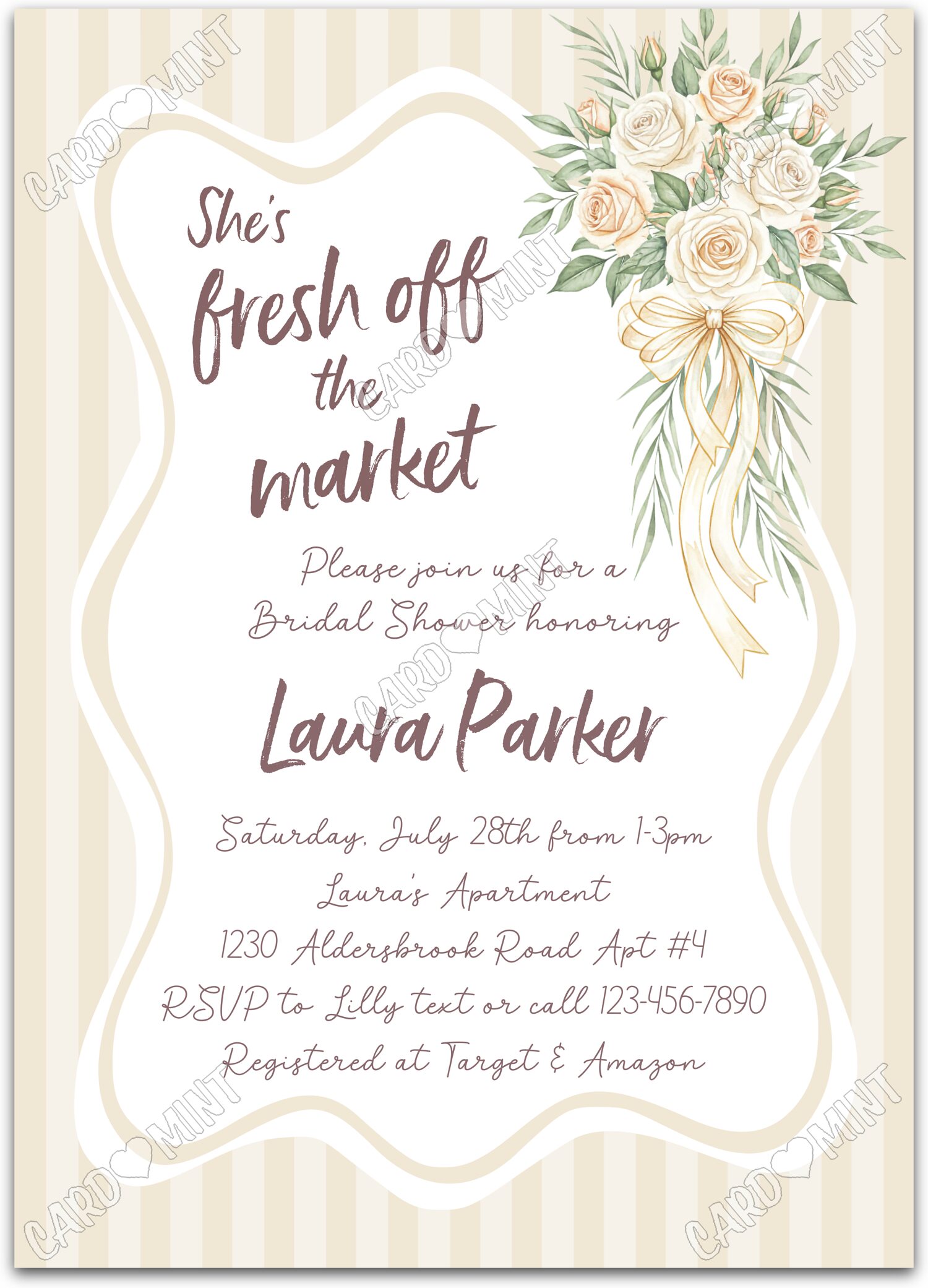 Editable She's Off The Market white flower bouquet in ivory and Bridal Shower 5"x7" Invitation EV2134