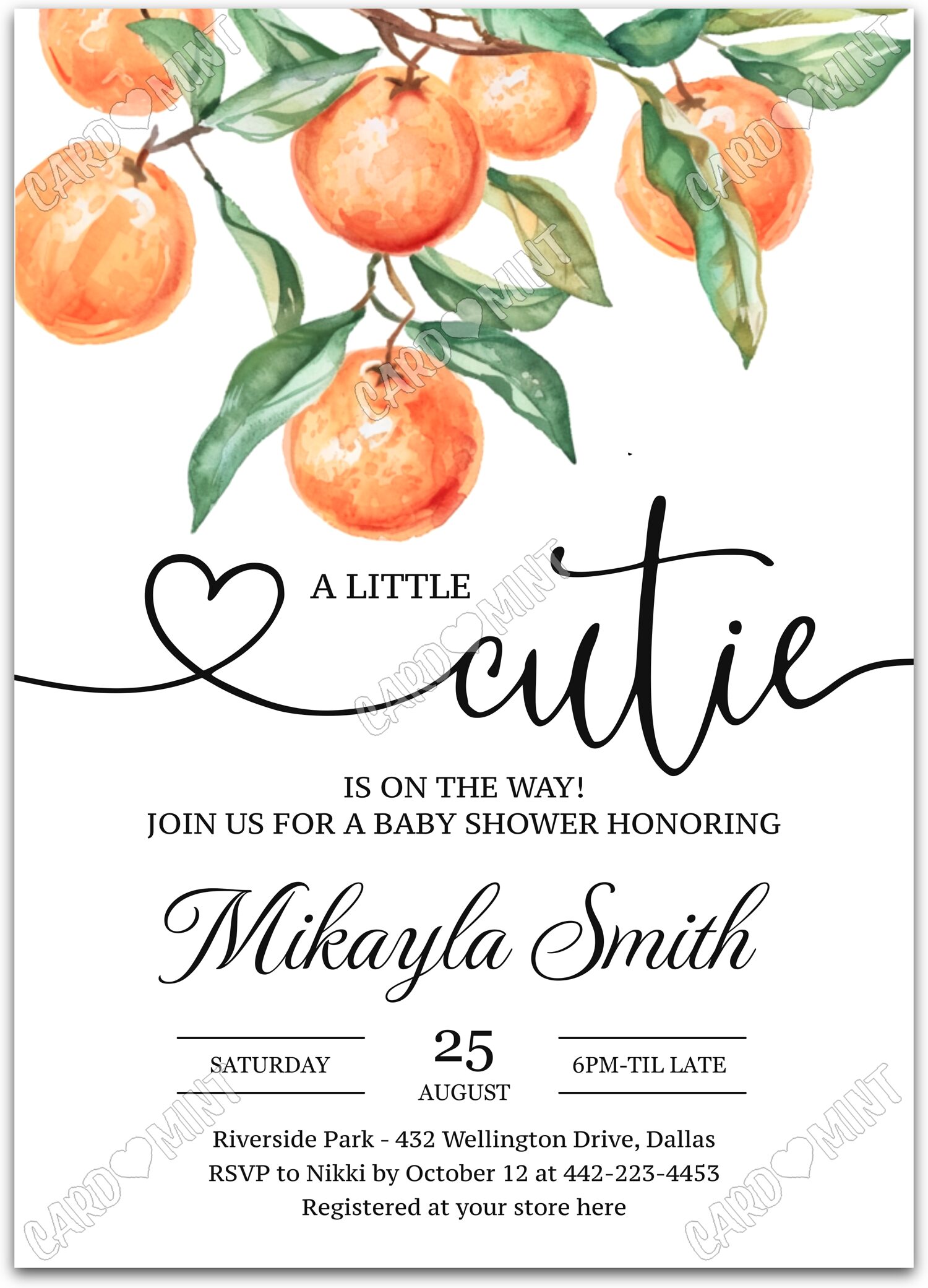 Editable A Little Cutie white orange tangerine cuties girl Baby Shower 5"x7" Invitation EV2137