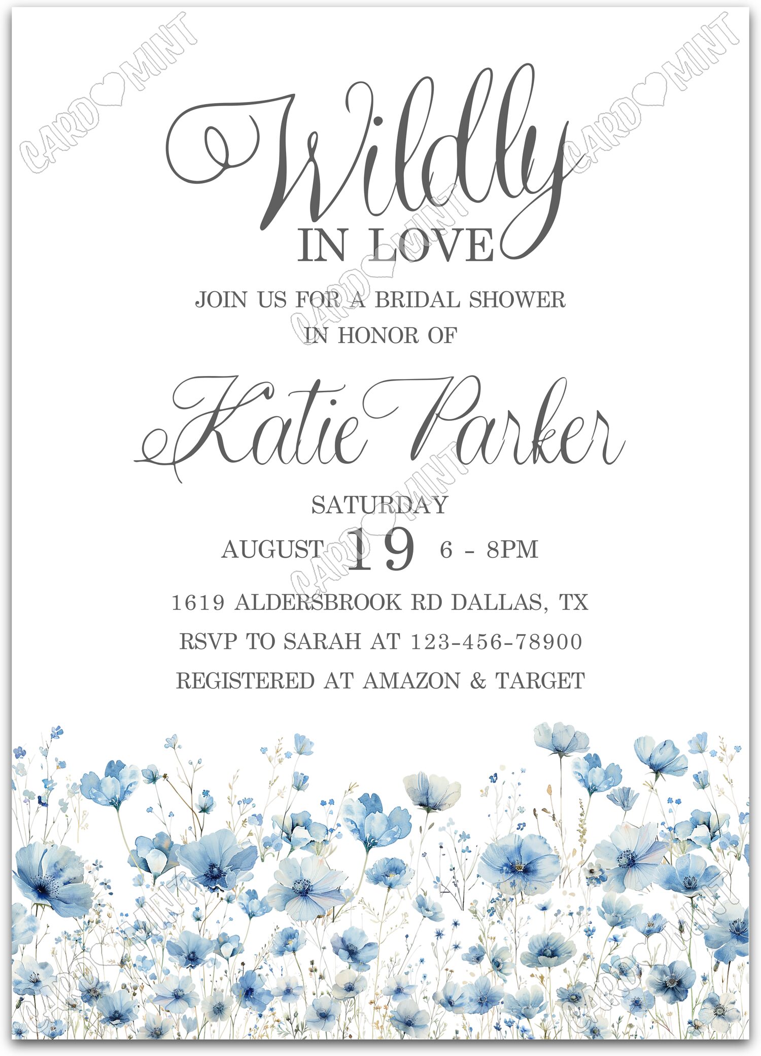 Editable Wildly in Love white blue wildflowers Bridal Shower 5"x7" Invitation EV2139