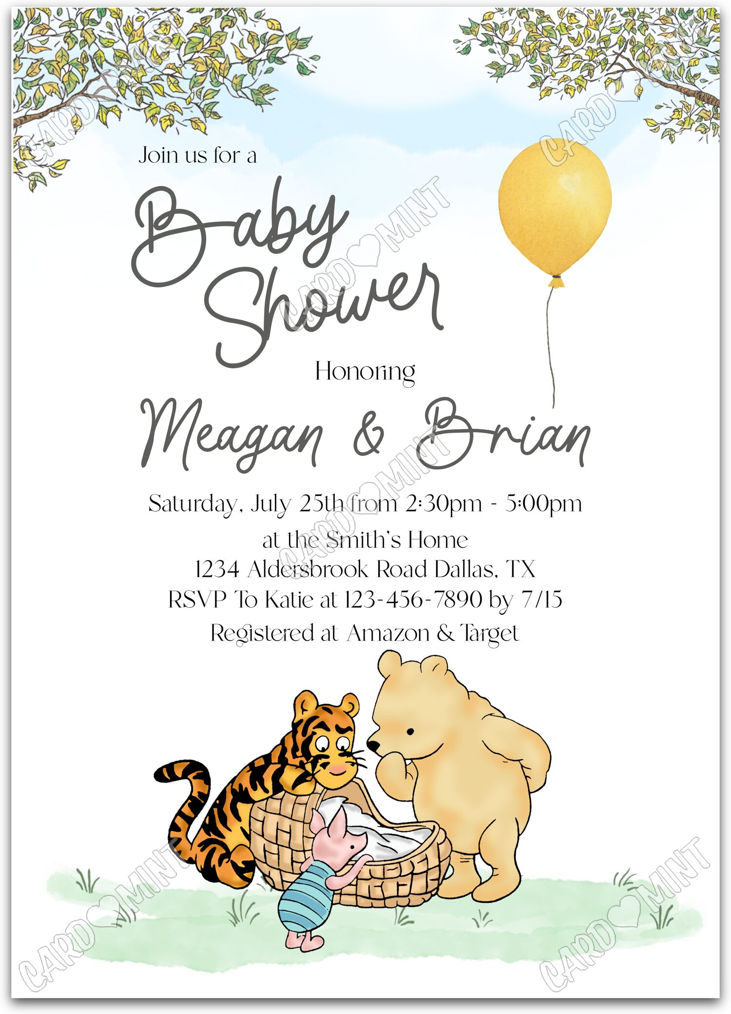 Editable Winnie the Pooh white Pooh, Tigger and Piglet Baby Shower 5"x7" Invitation EV2140
