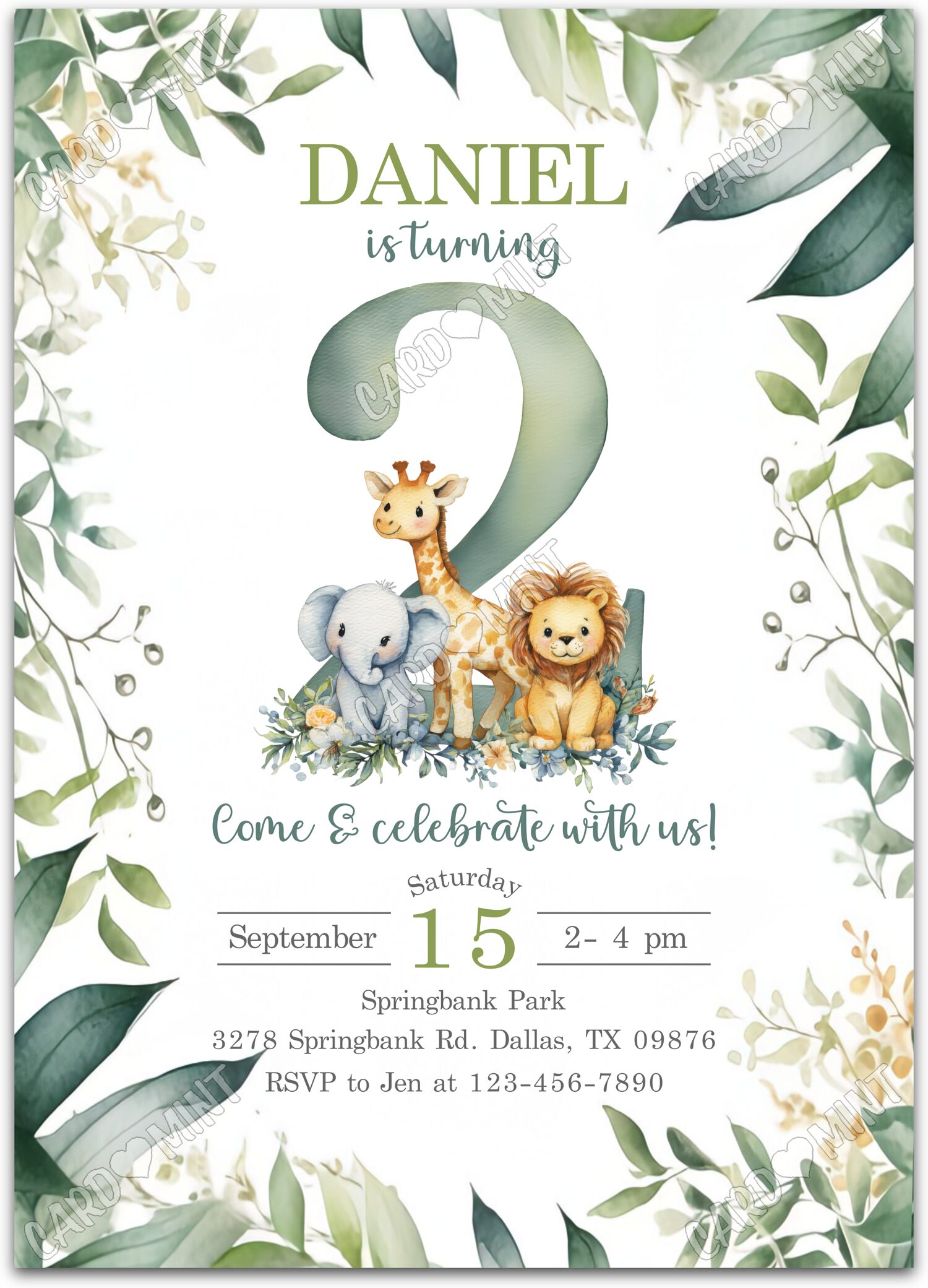 Editable Safari Wild Jungle Animals boy 2nd Birthday Party 5"x7" Invitation EV2149