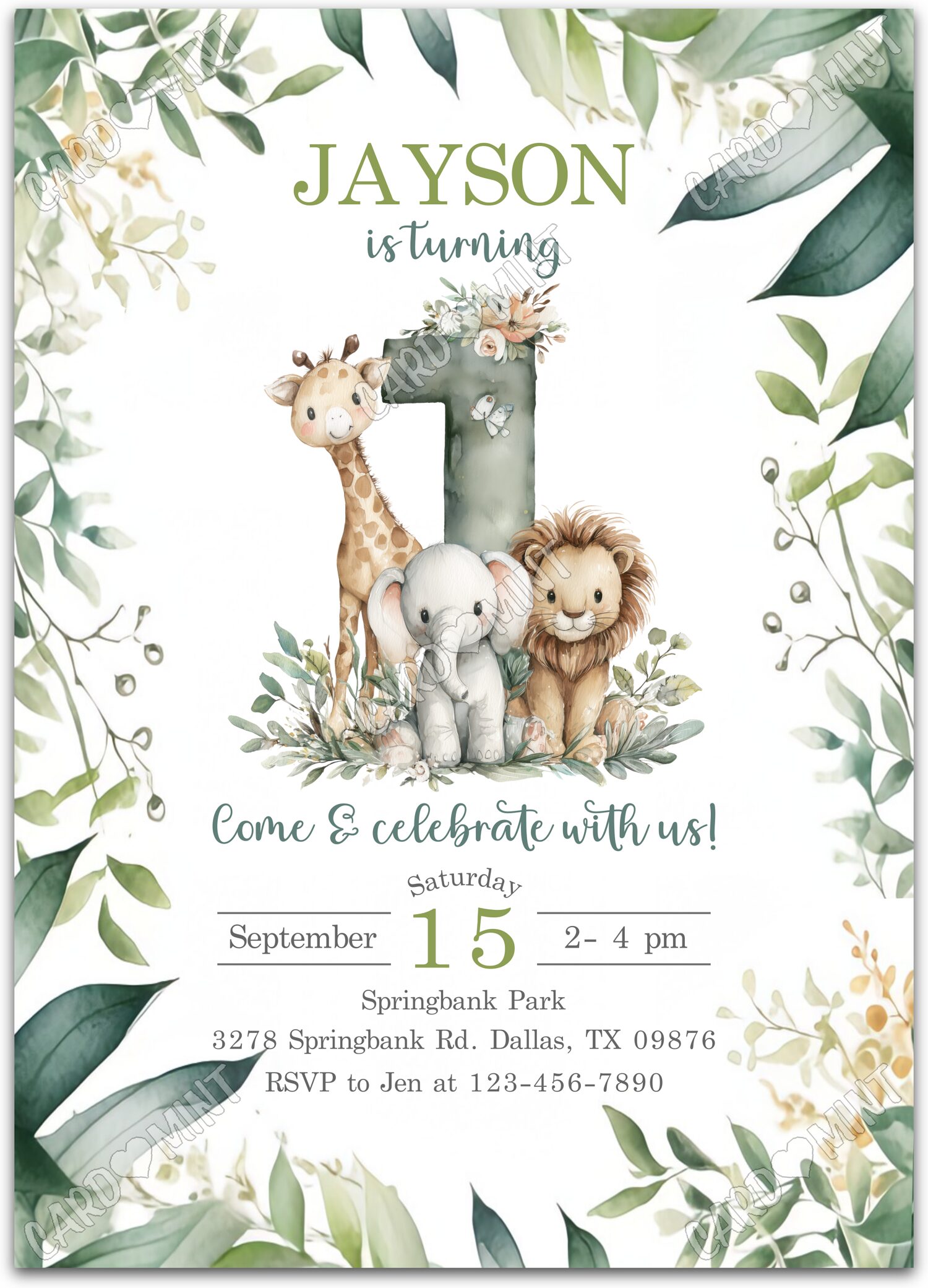 Editable Safari Wild Jungle Animals boy First Birthday Party 5"x7" Invitation EV2152
