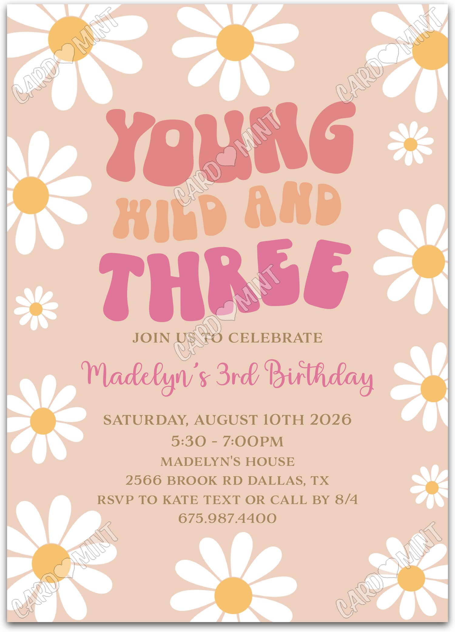 Editable Young Wild & Three turning three groovy daisy girl 3rd Birthday Party 5"x7" Invitation EV2154