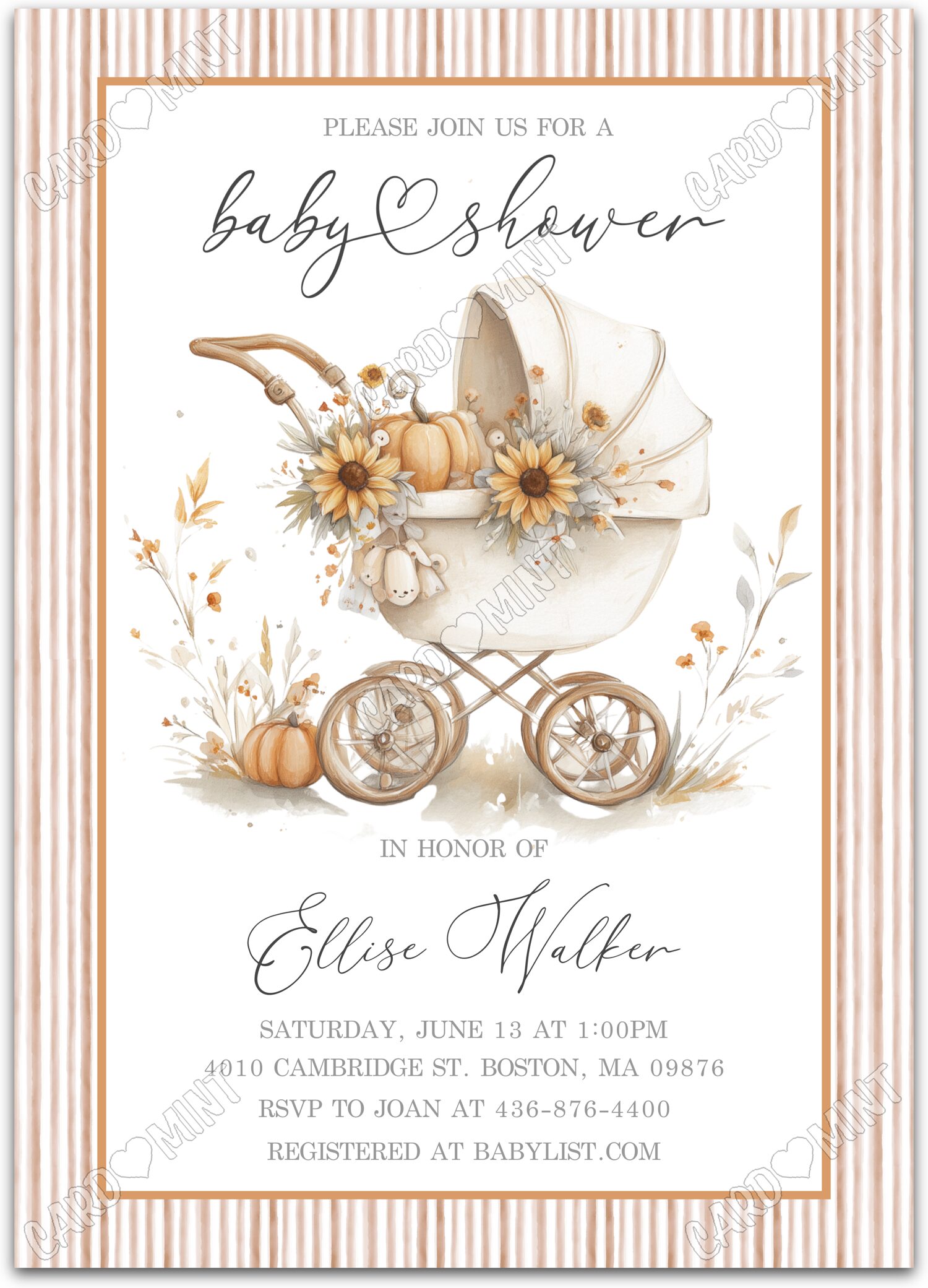 Editable Fall Sunflower baby carriage, sunflowers & pumpkins fall Baby Shower 5"x7" Invitation EV2157