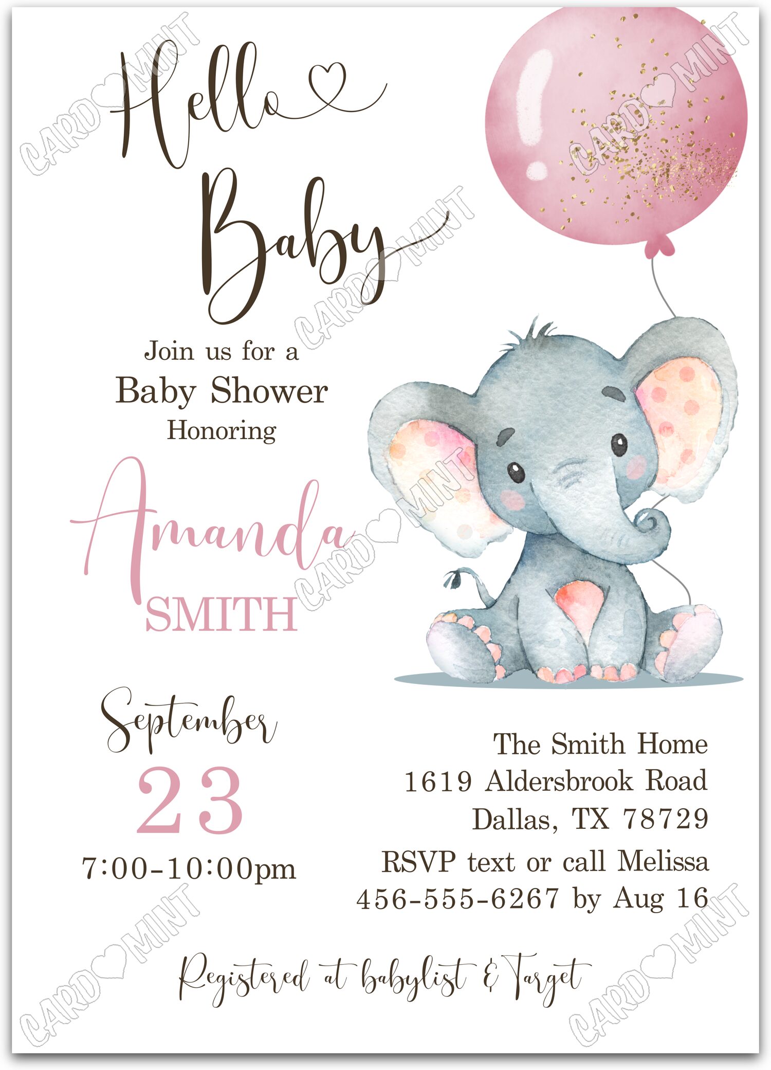 Editable Little Elephant baby elephant & pink balloon girl Baby Shower 5"x7" Invitation EV2159
