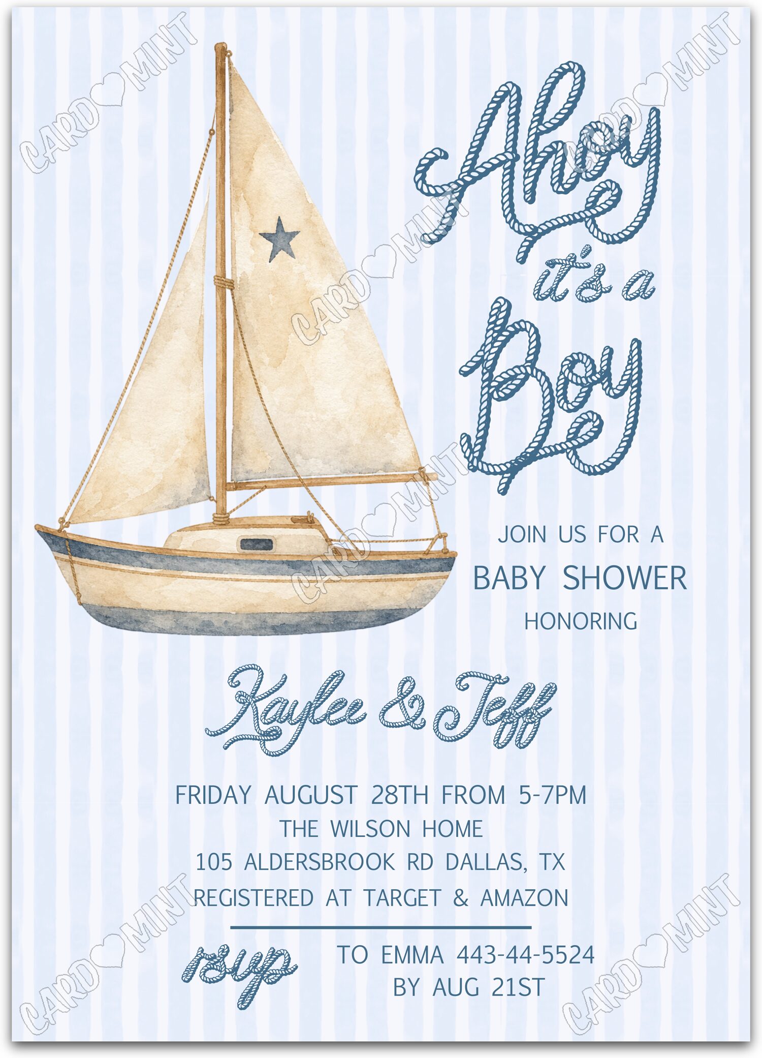 Editable Ahoy it's a Boy blue sailboat with stripes in white & boy Baby Shower Invitation EV2170