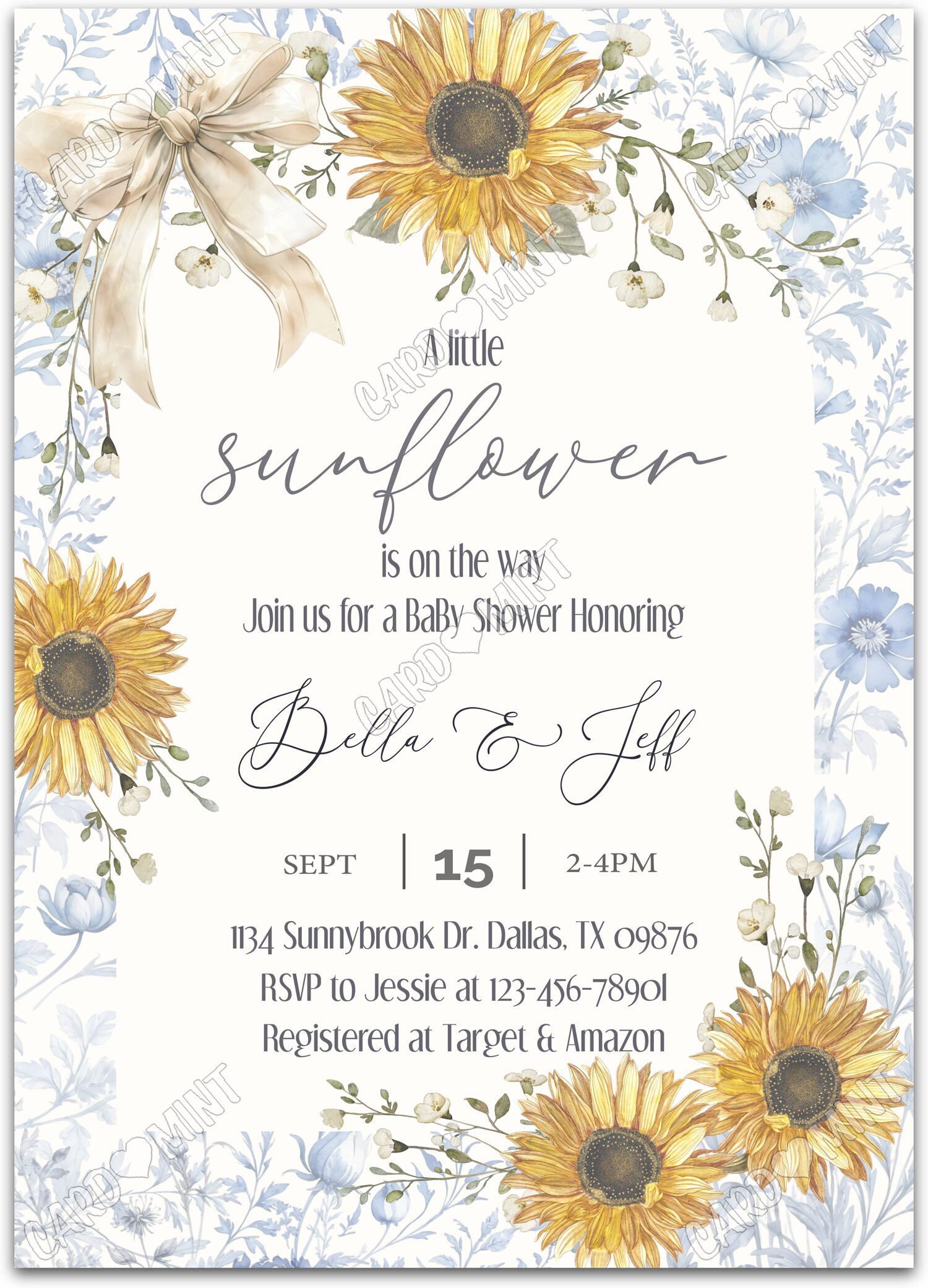 Editable Sunflower blue toile & sunflowers girl Baby Shower 5"x7" Invitation EV2172
