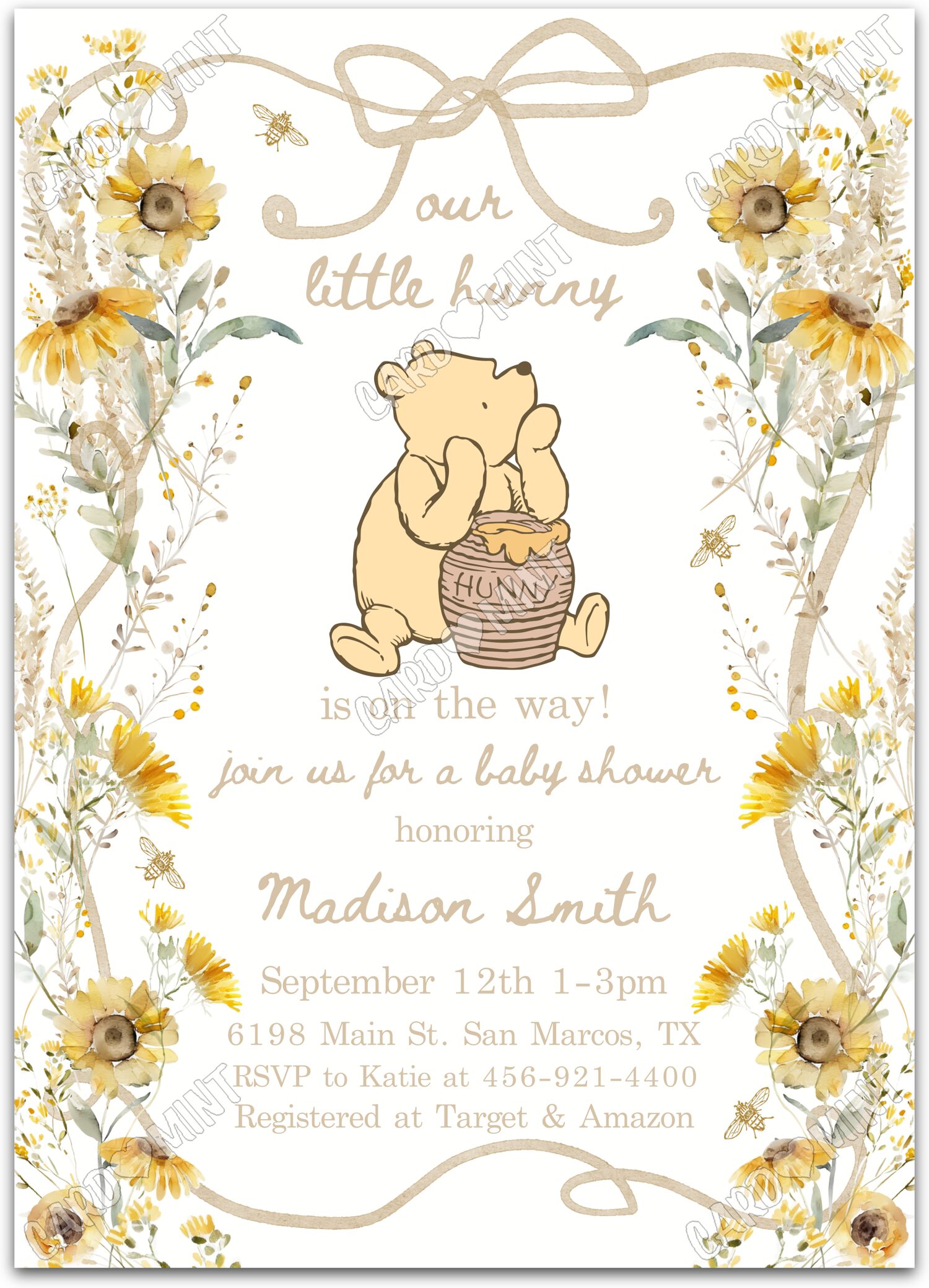 Editable Little Hunny Pooh Bear white yellow, beige & Baby Shower 5"x7" Invitation EV2175