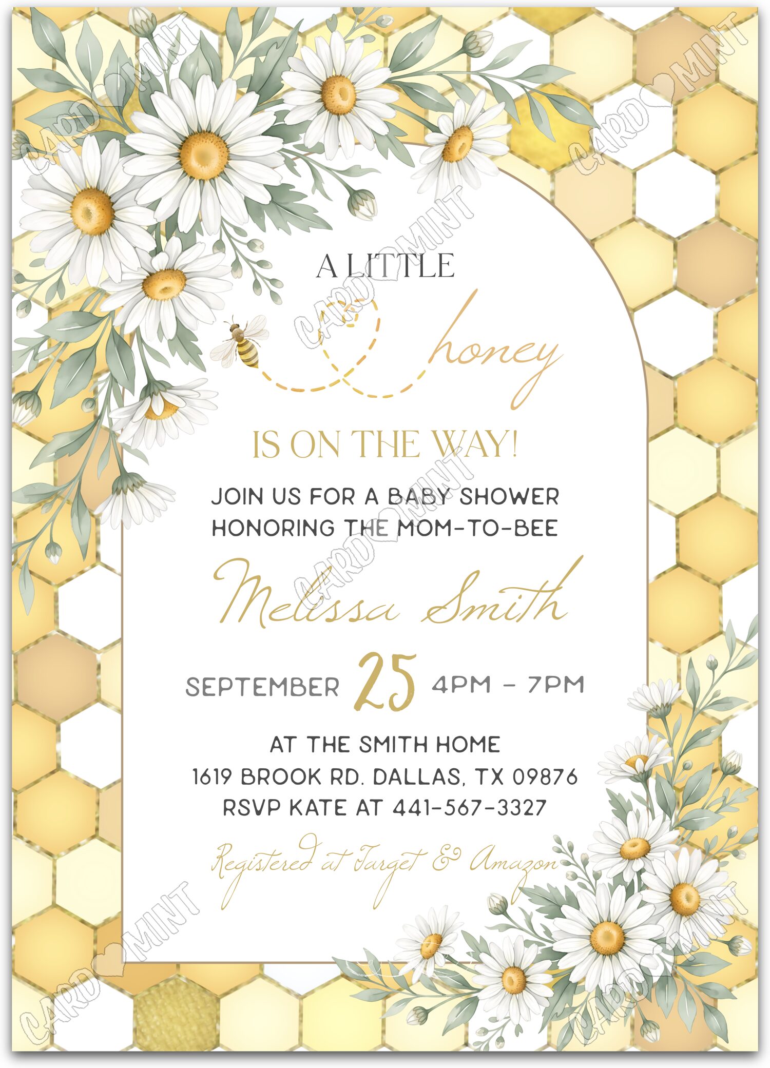 Editable Little Honey yellow honeycomb & daisies Baby Shower 5"x7" Invitation EV2186