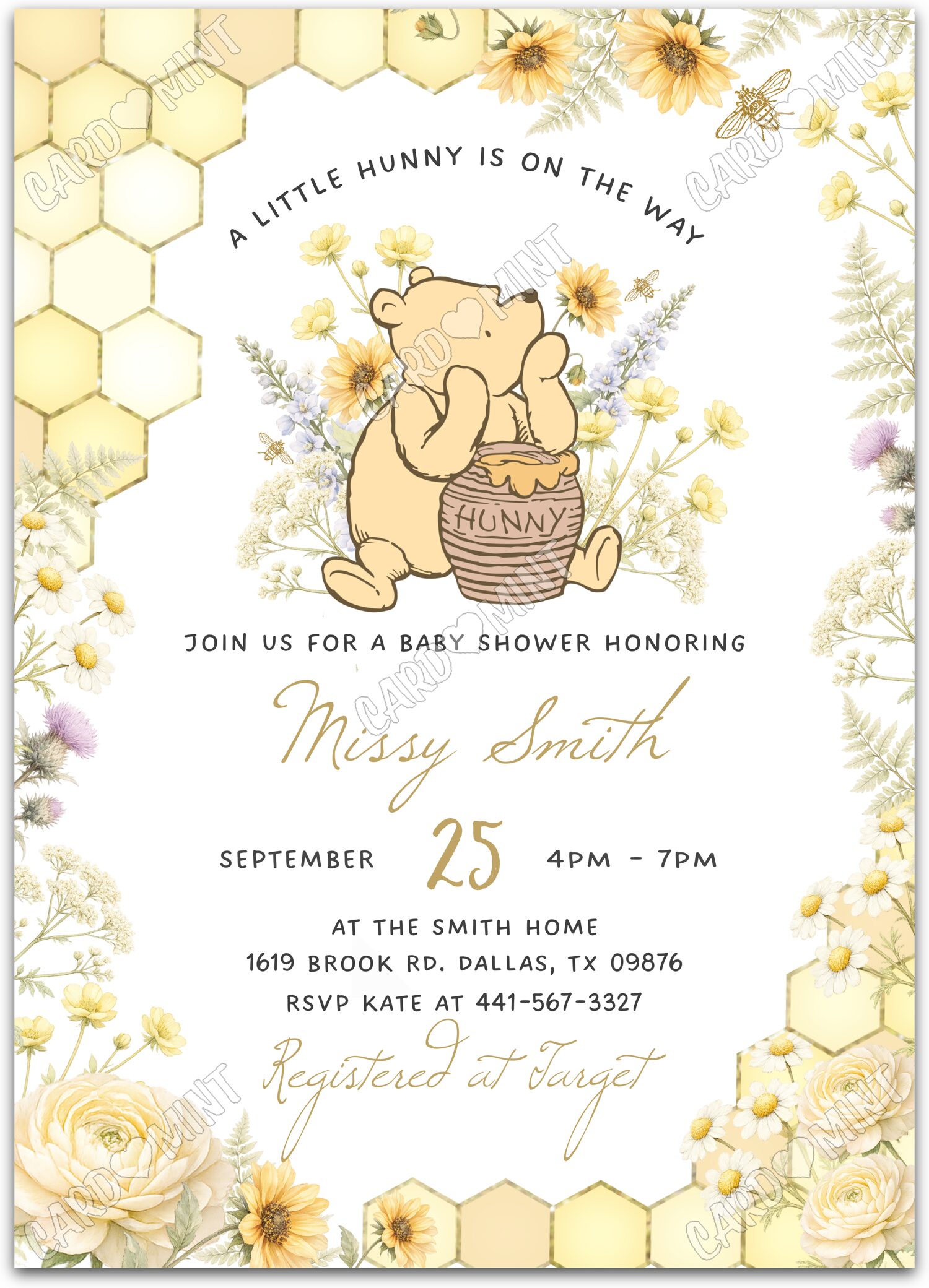 Editable Little Hunny Pooh Bear white pretty flowers in yellow, & Baby Shower 5"x7" Invitation EV2190